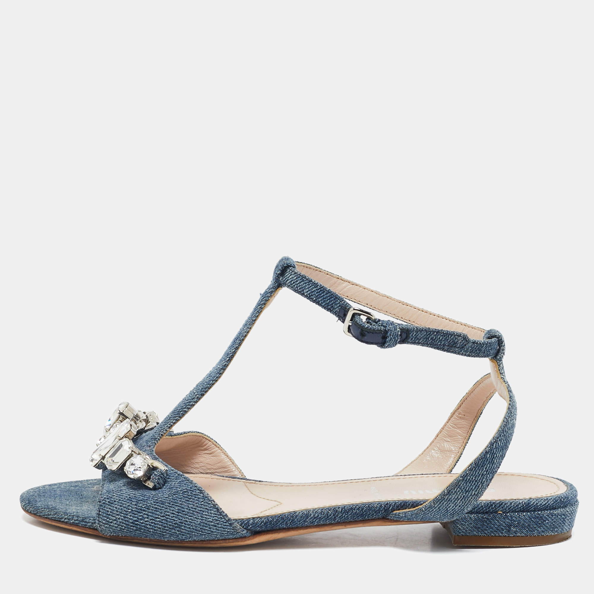 Miu Miu Blue Denim Crystal Embellished Ankle Strap Flat Sandals Size 35.5