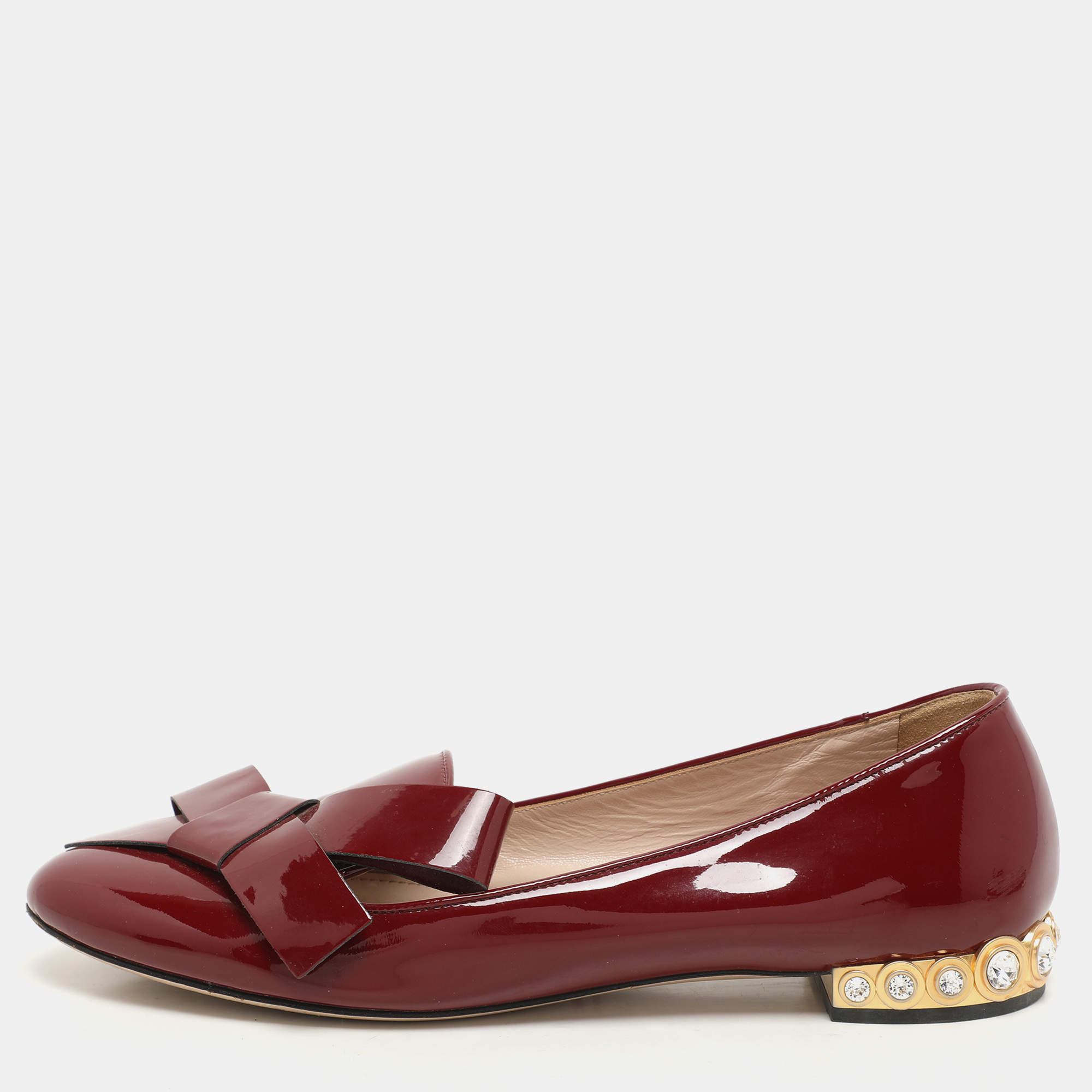 Pre Owned Miu Miu Burgundy Patent Leather Crystal Embellished Heel Bow Slip On Loafers Size 40