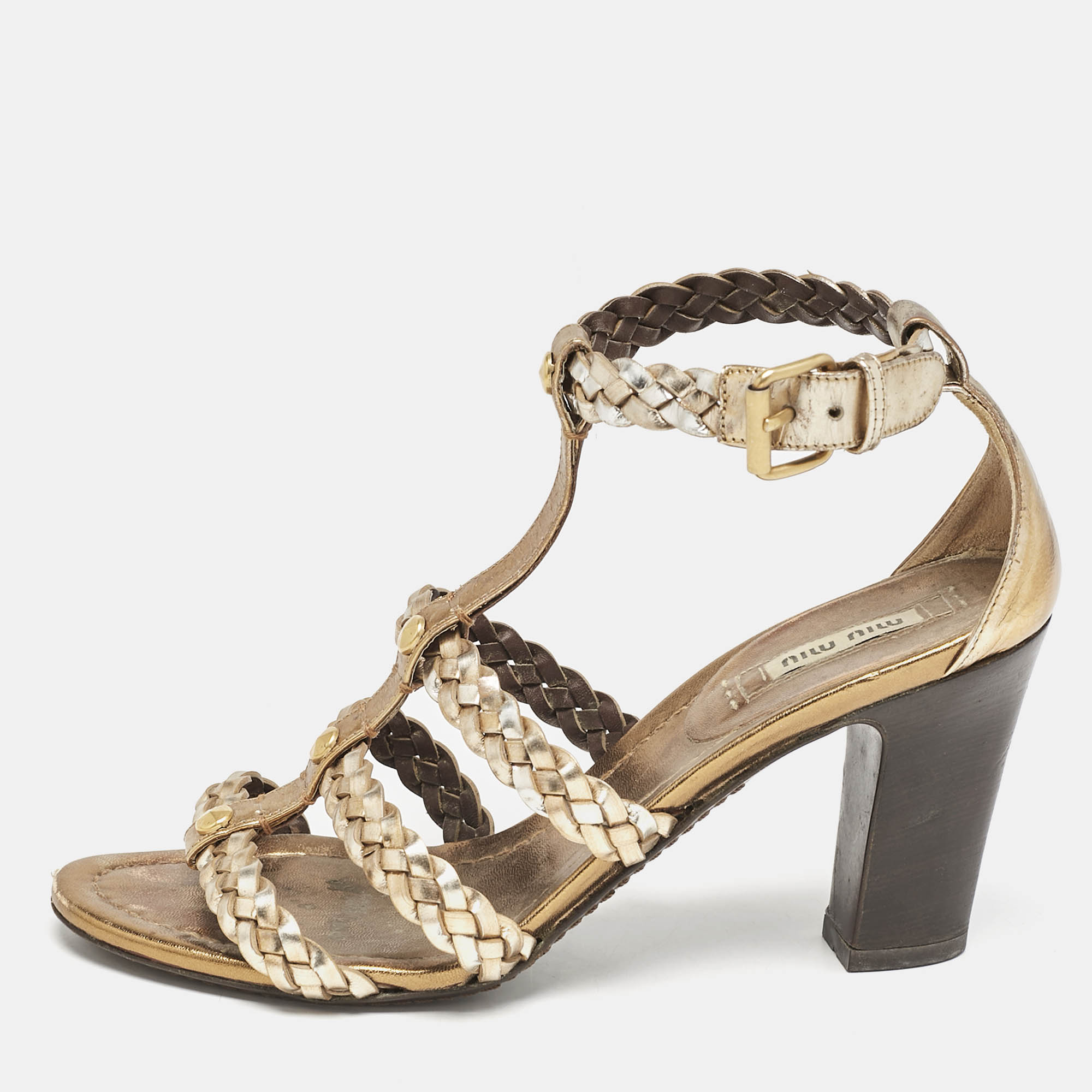 Miu Miu Gold Woven Leather Strappy Sandals Size 36.5