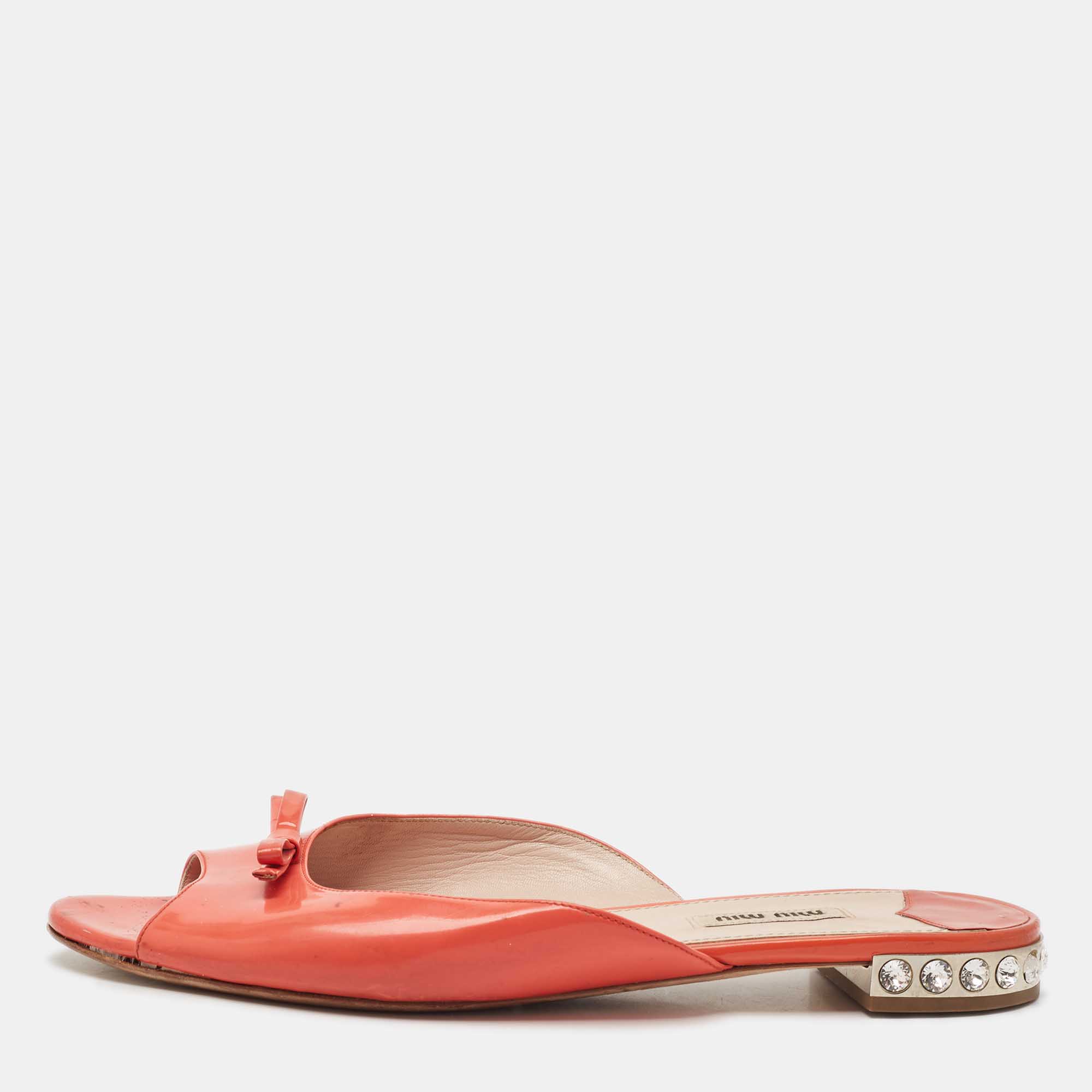 Miu Miu Orange Patent Leather Crystal Embellished Heel Bow Flat Slides Size 41