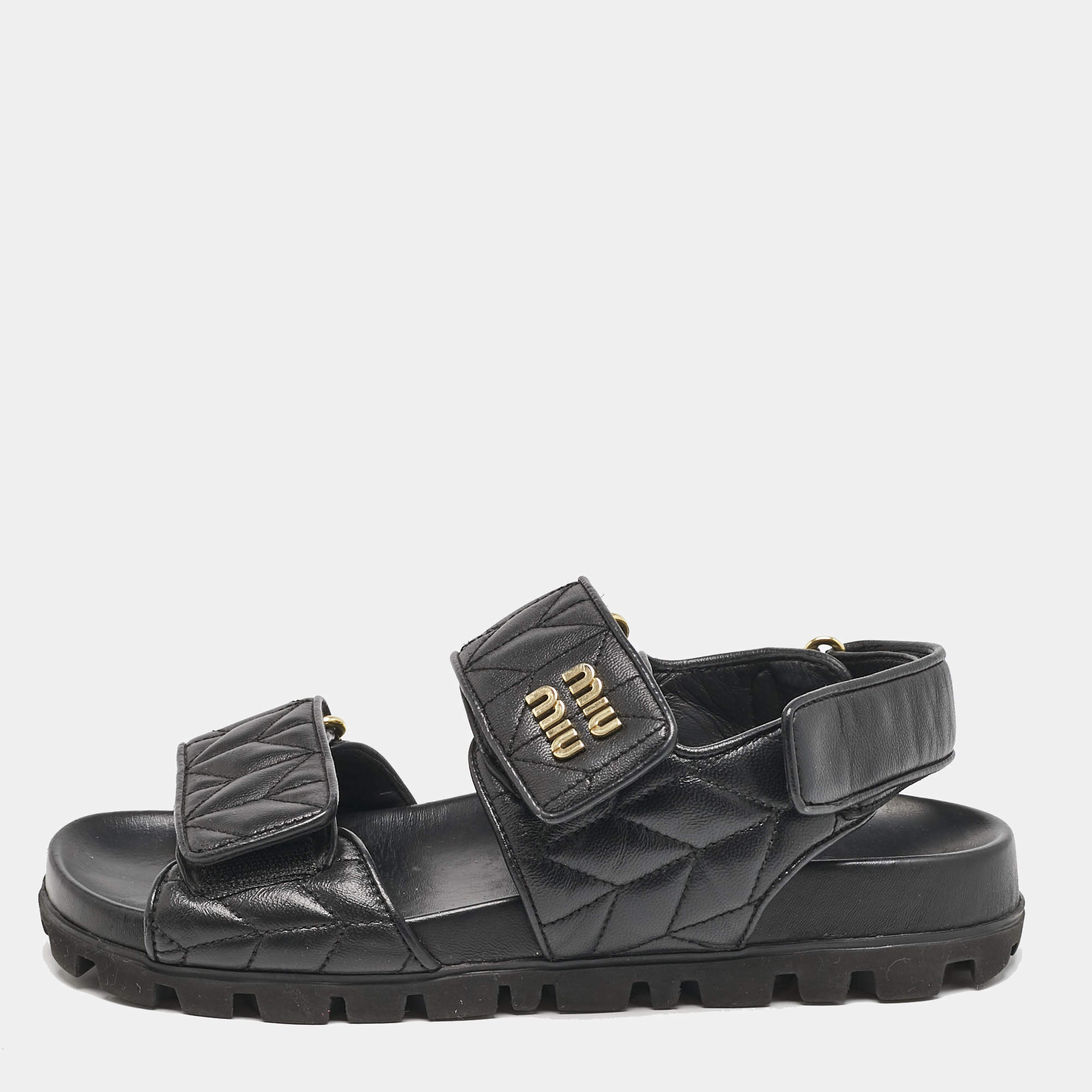 Pre Owned Miu Miu Black Leather Sporty Matelassé Slingback Sandals Size 37