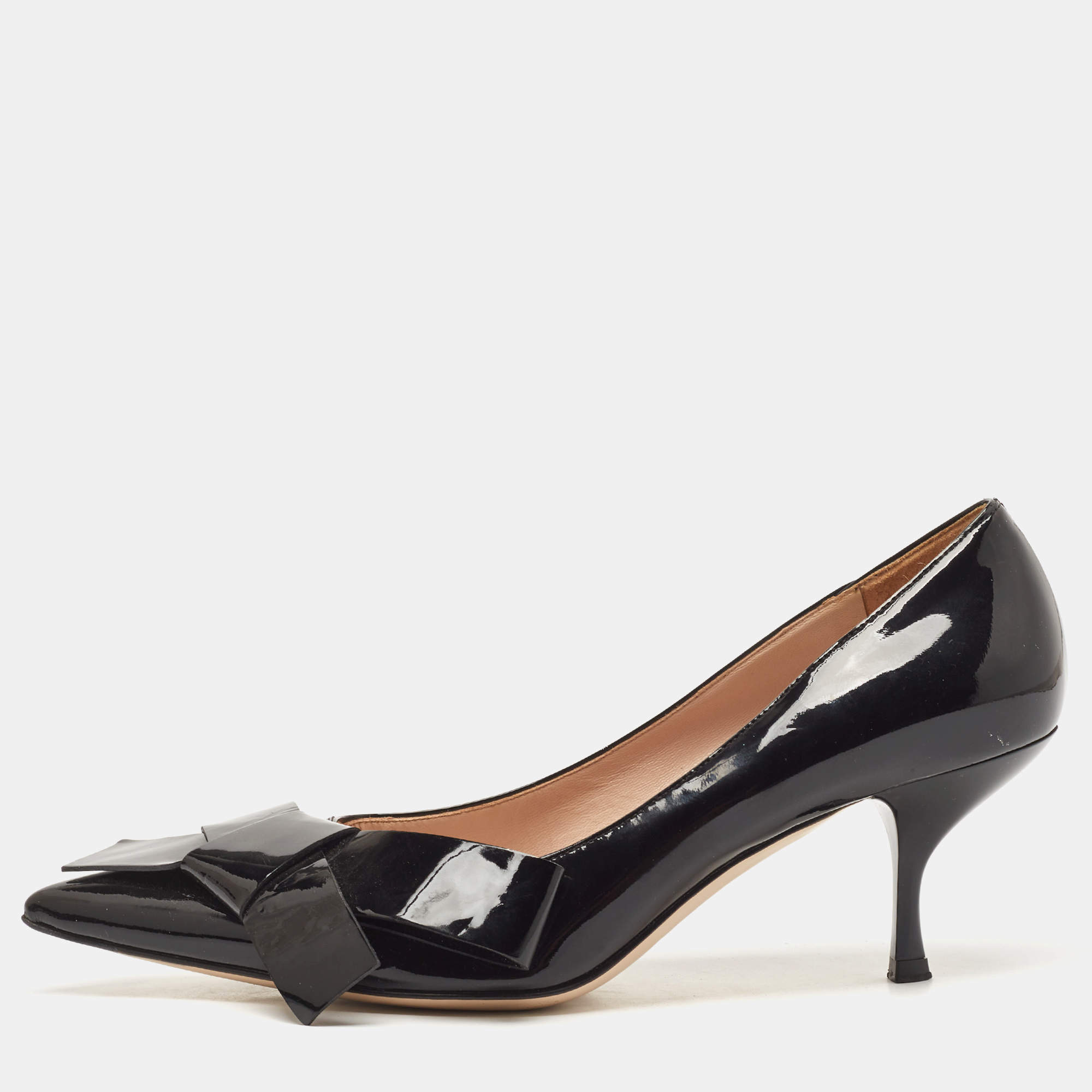 Miu Miu Black Patent Leather Bow Pointed Toe Pumps Size 37.5