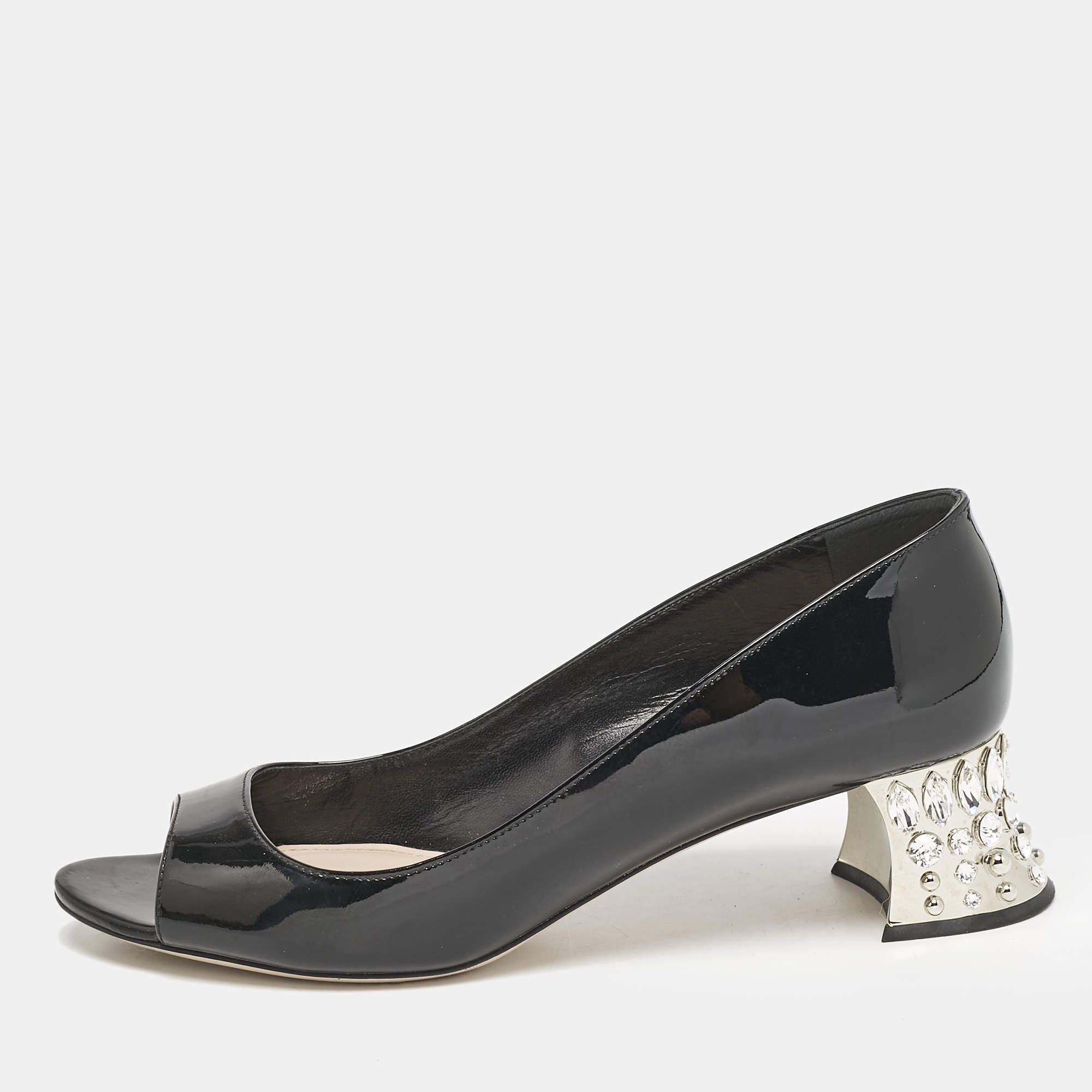 Miu Miu Black Patent Leather Crystal Block Heel Open Toe Pumps Size 37.5