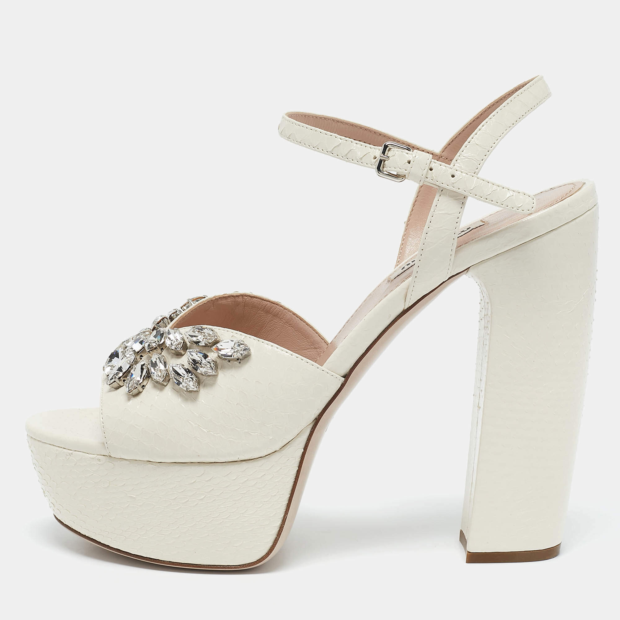 Miu Miu White Ayers Crystal Embellished Platform Sandals Size 38