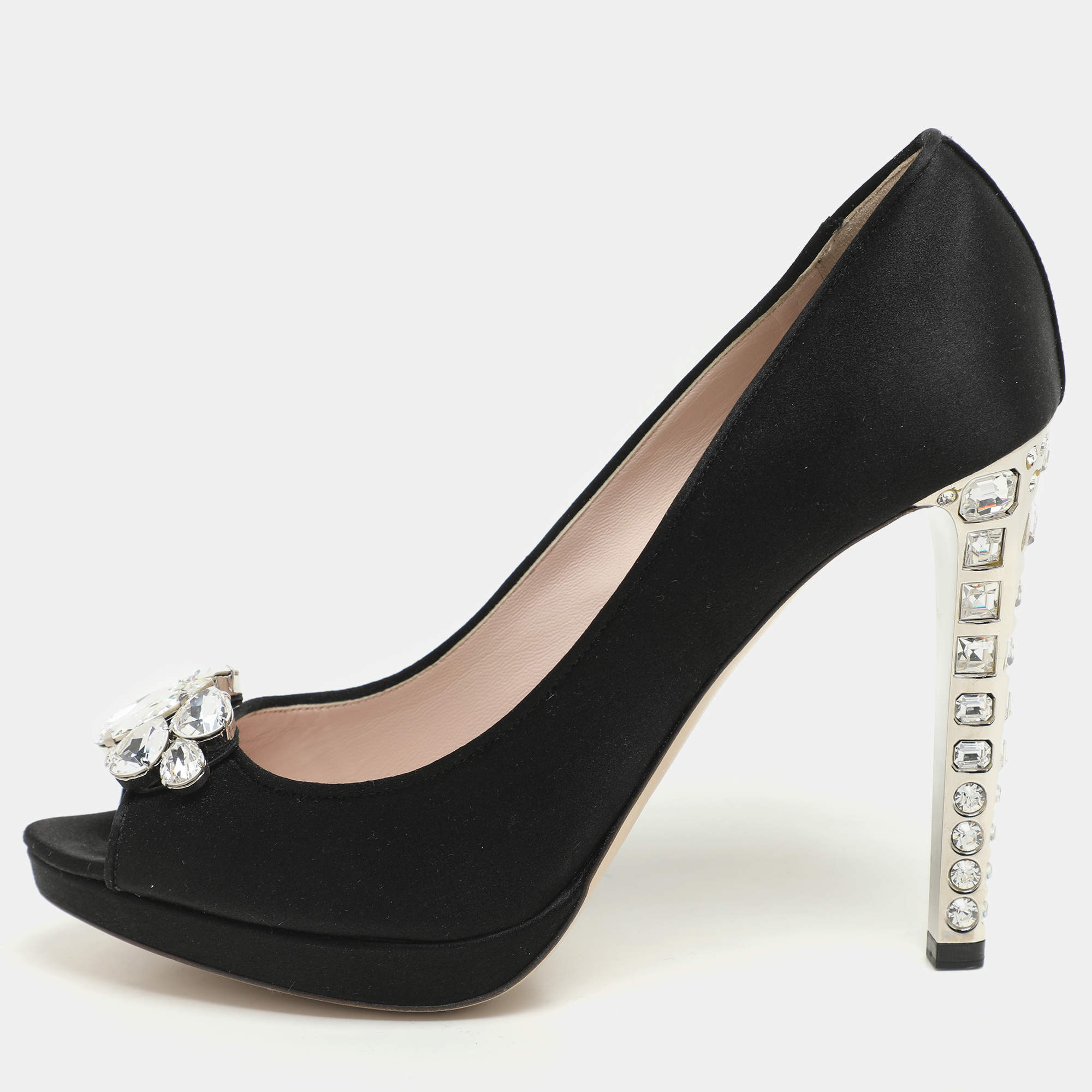 Miu Miu Black Satin Crystal Embellished Peep Toe Pumps Size 40