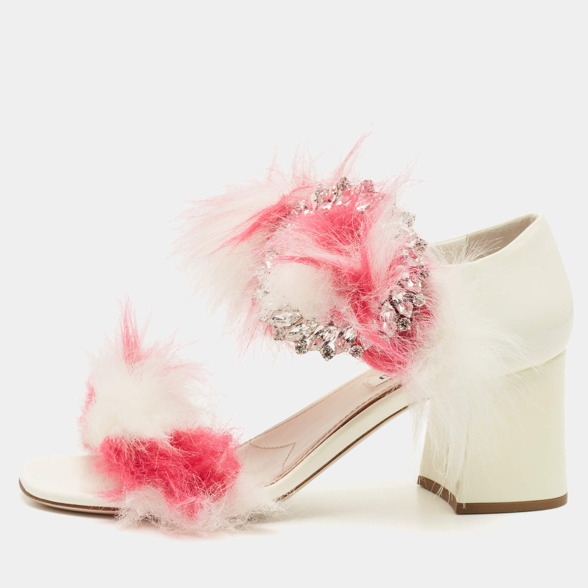 Pre Owned Miu Miu White/Pink Fur and Patent Leather Ankle Strap Sandals Size 38