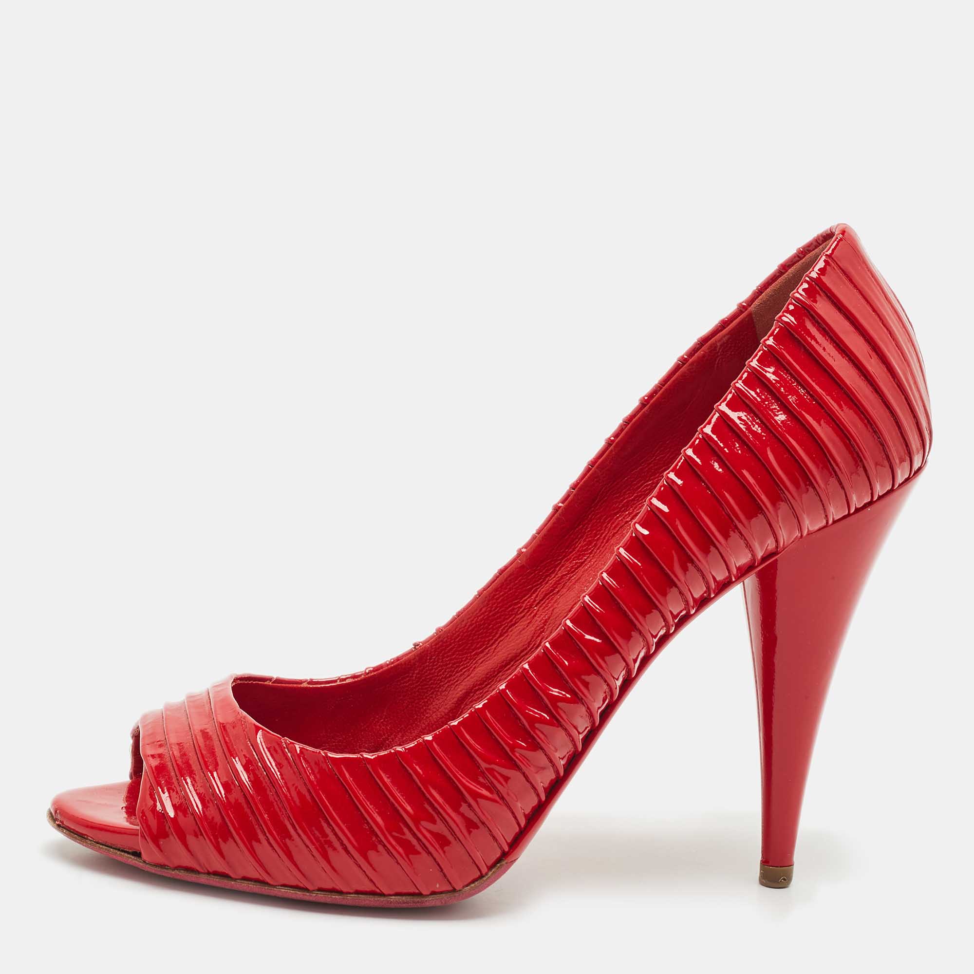 Pre Owned Miu Miu Red Patent Leather Pleated Peep Toe Pumps Size 37.5