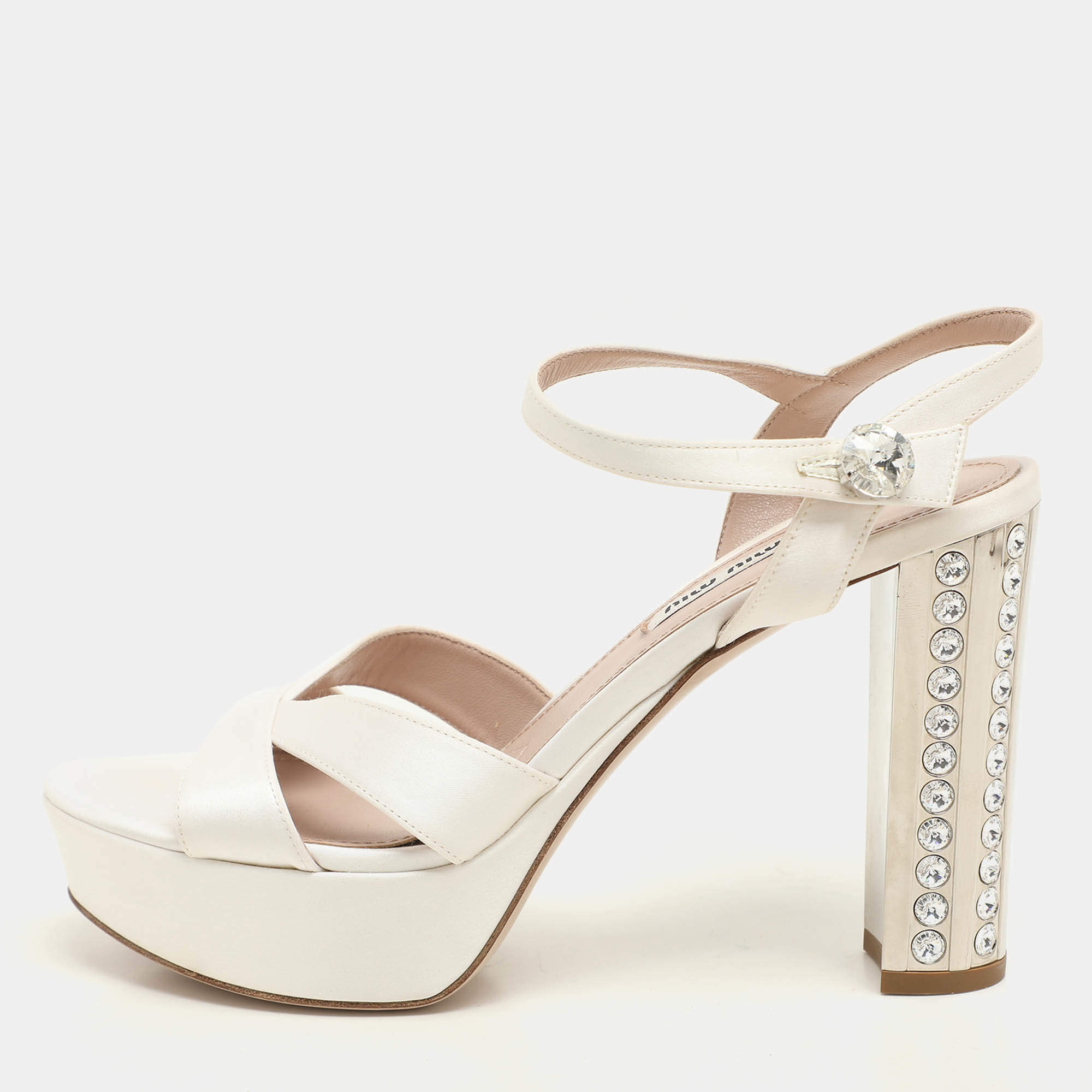 Miu Miu White Satin Crystal Embellished Heel Platform Ankle Strap Sandals Size 38