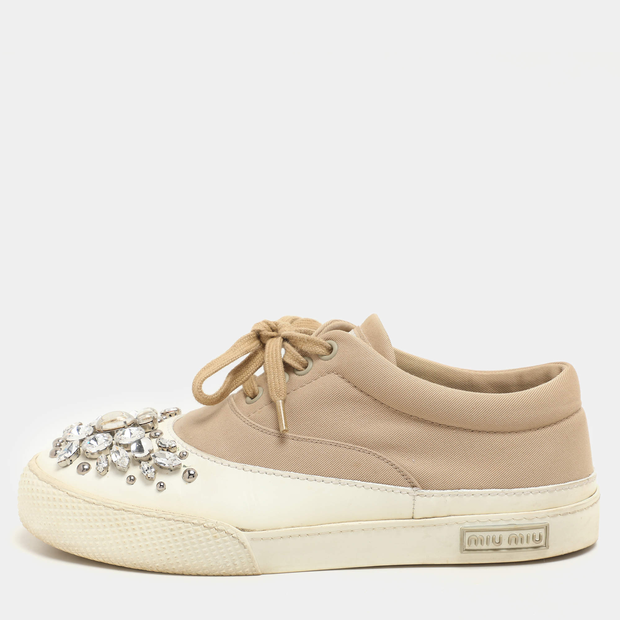 Miu Miu Beige/White Canvas and Rubber Crystal Embellished Cap Toe Sneakers Size 36.5