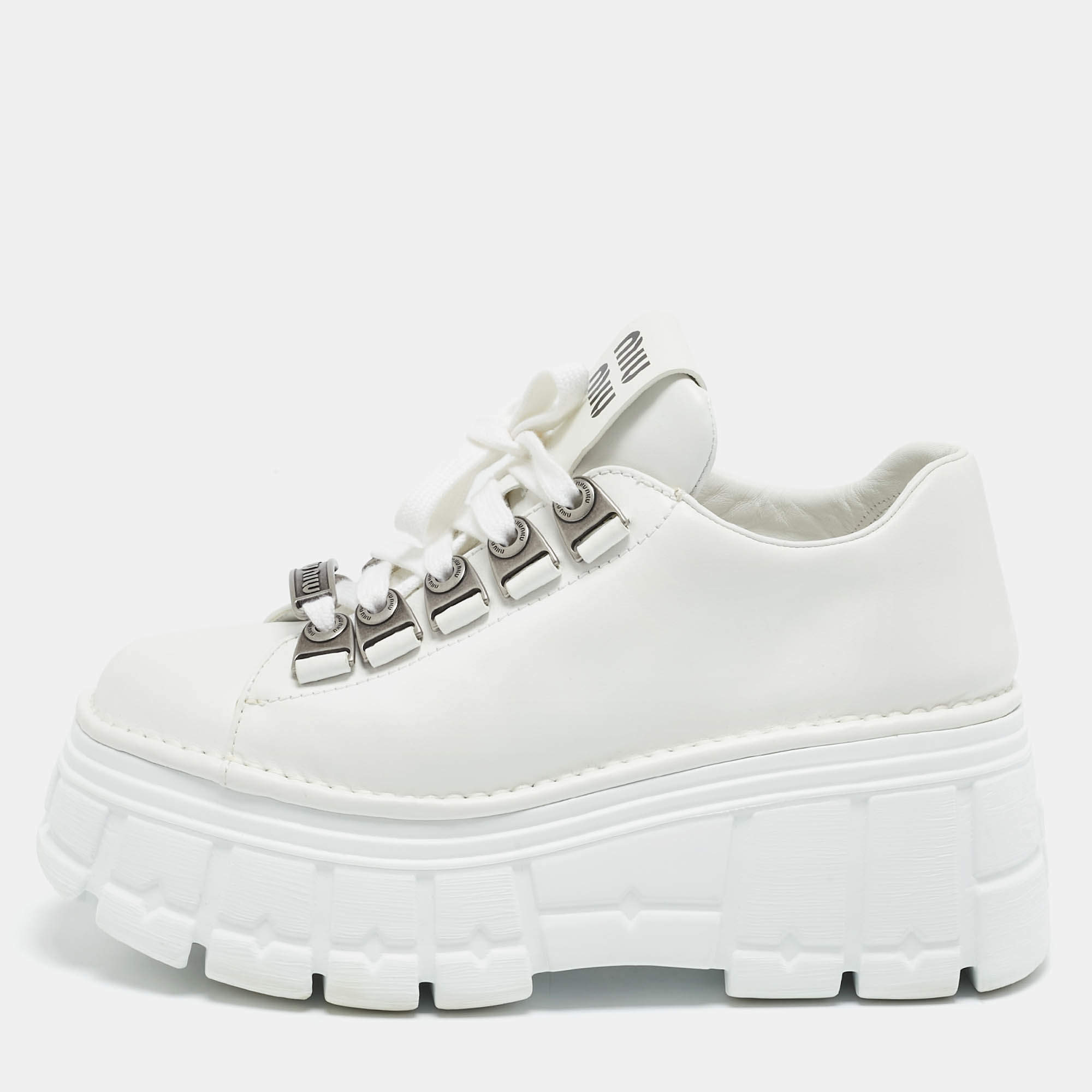 مملوكة مسبقًا Miu Miu White Leather Platform Lace Up Sneakers Size 39