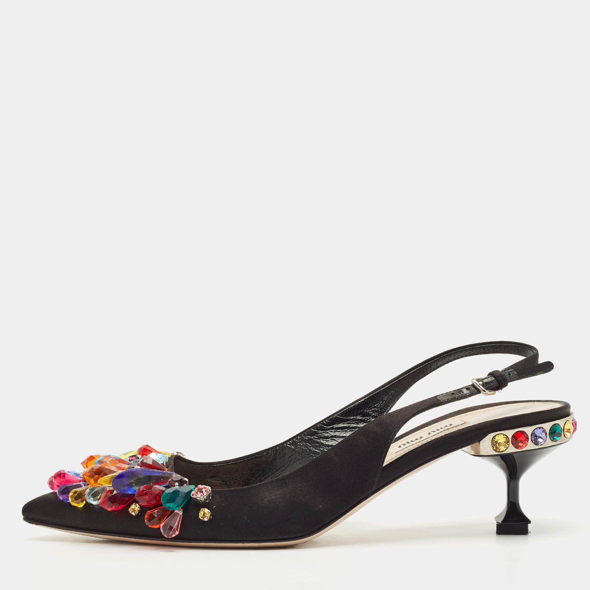 Miu Miu Black Satin Crystal Embellished Slingback Pumps Size 38