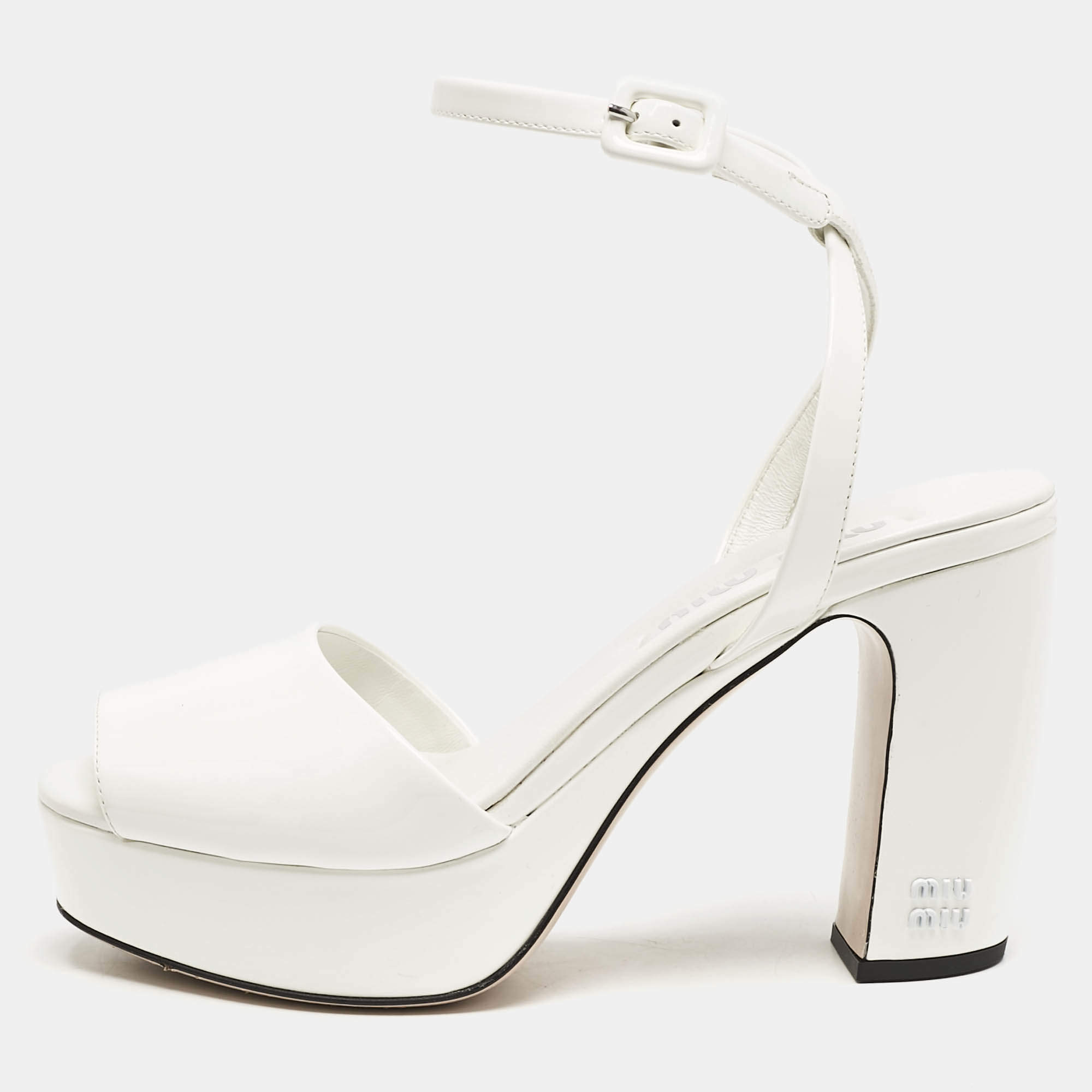 Miu Miu White Patent Leather Platform Ankle Strap Sandals Size 36
