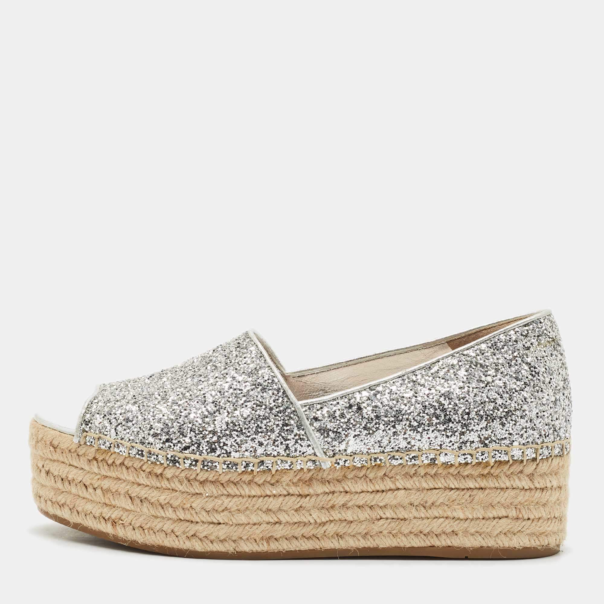 Miu Miu Silver Glitter Platform Espadrille Flats Size 39