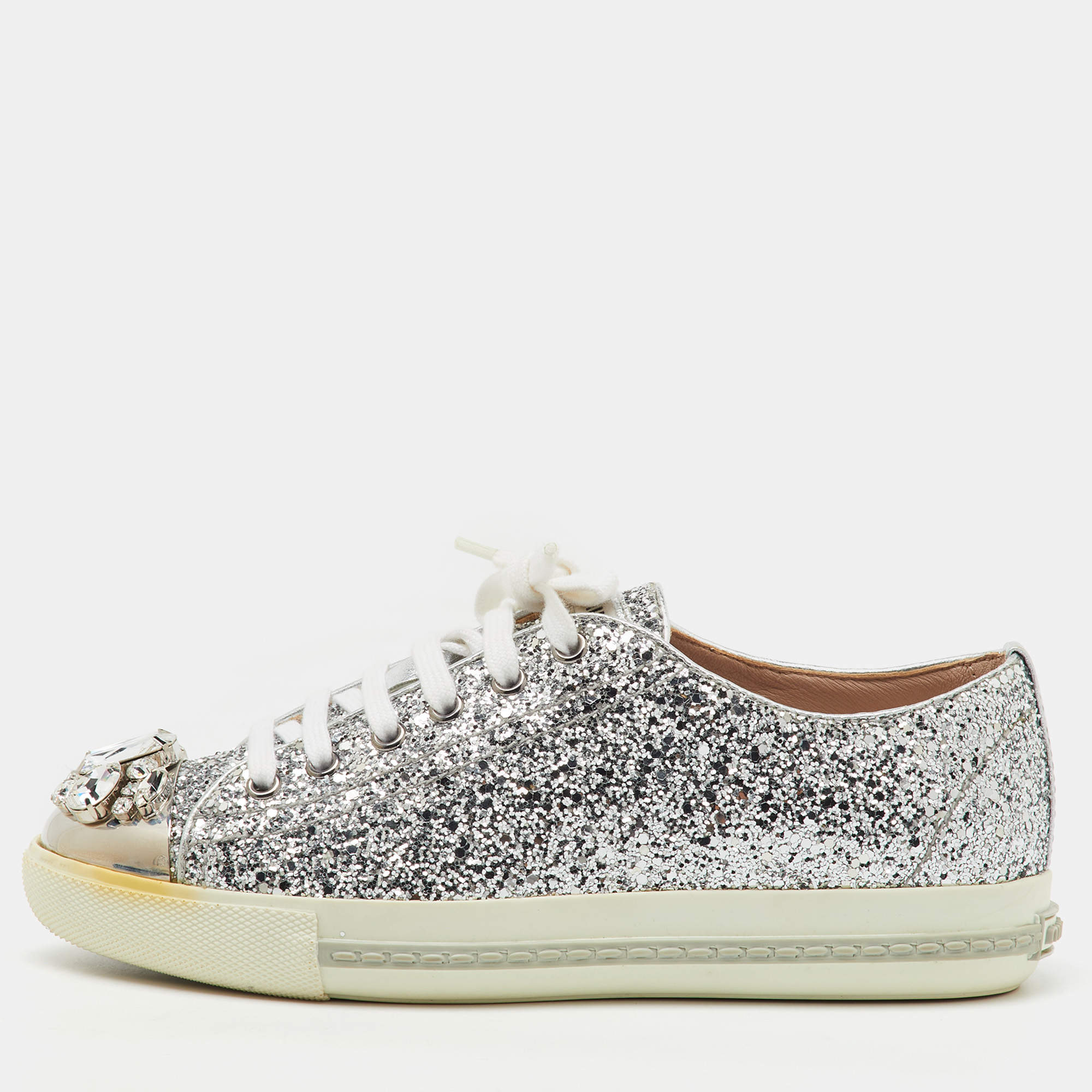 Miu Miu Silver Glitter Crystal Embellished Lace Up Sneakers Size 37.5