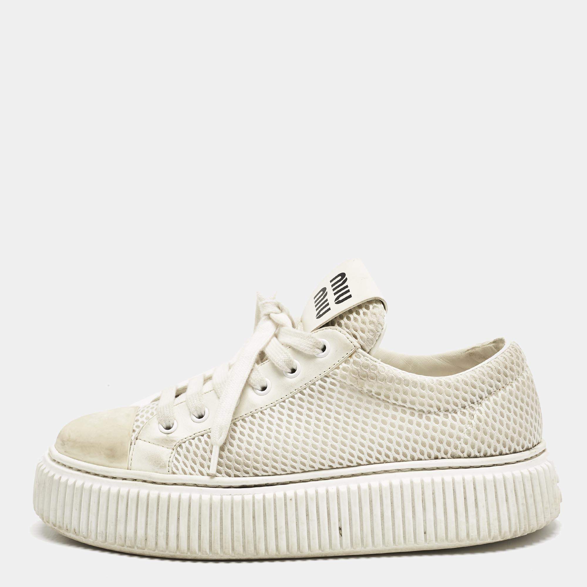 Miu Miu White Leather and Mesh Platform Sneakers Size 37.5