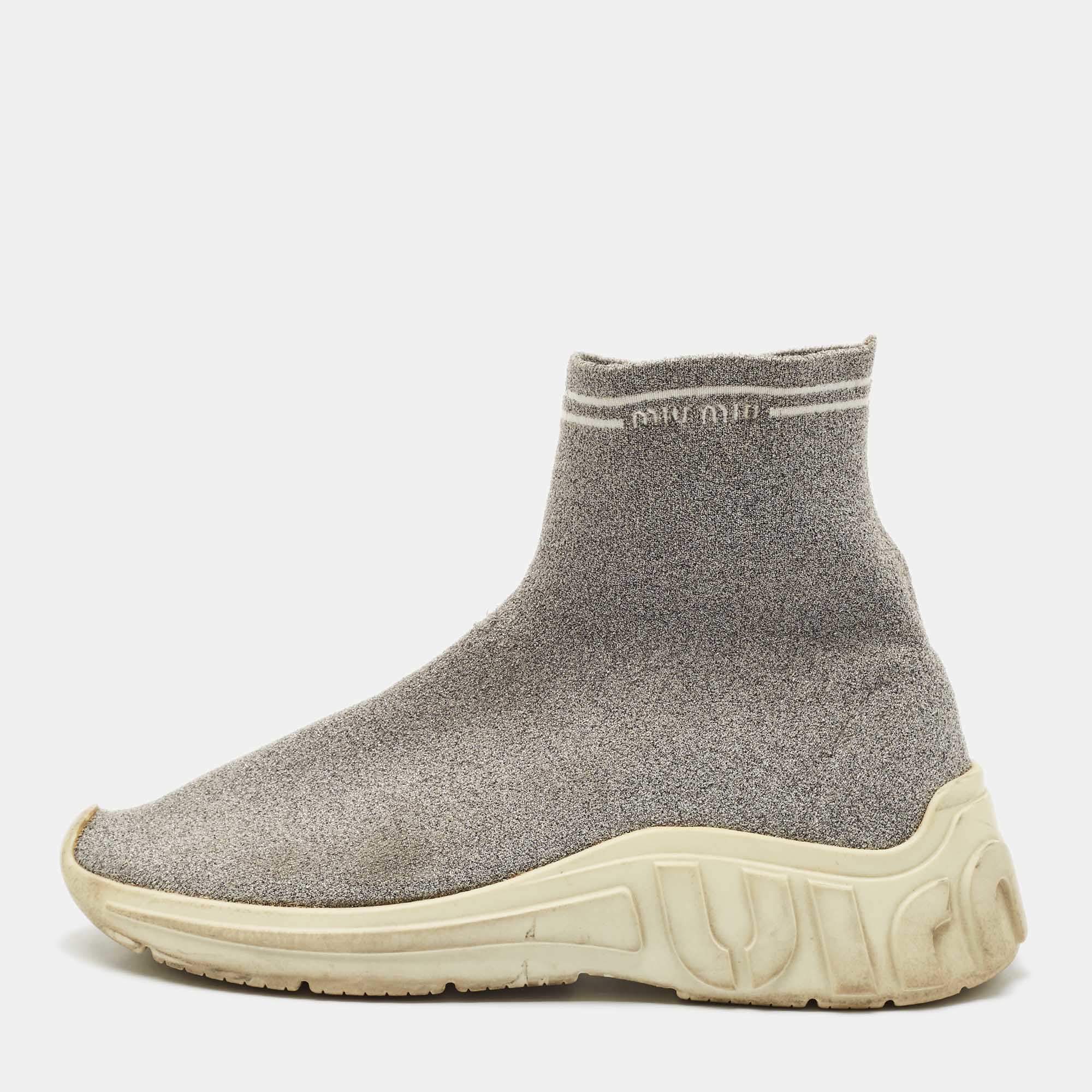 Miu Miu Silver Knit Lurex Fabric Sock Sneakers Size 38