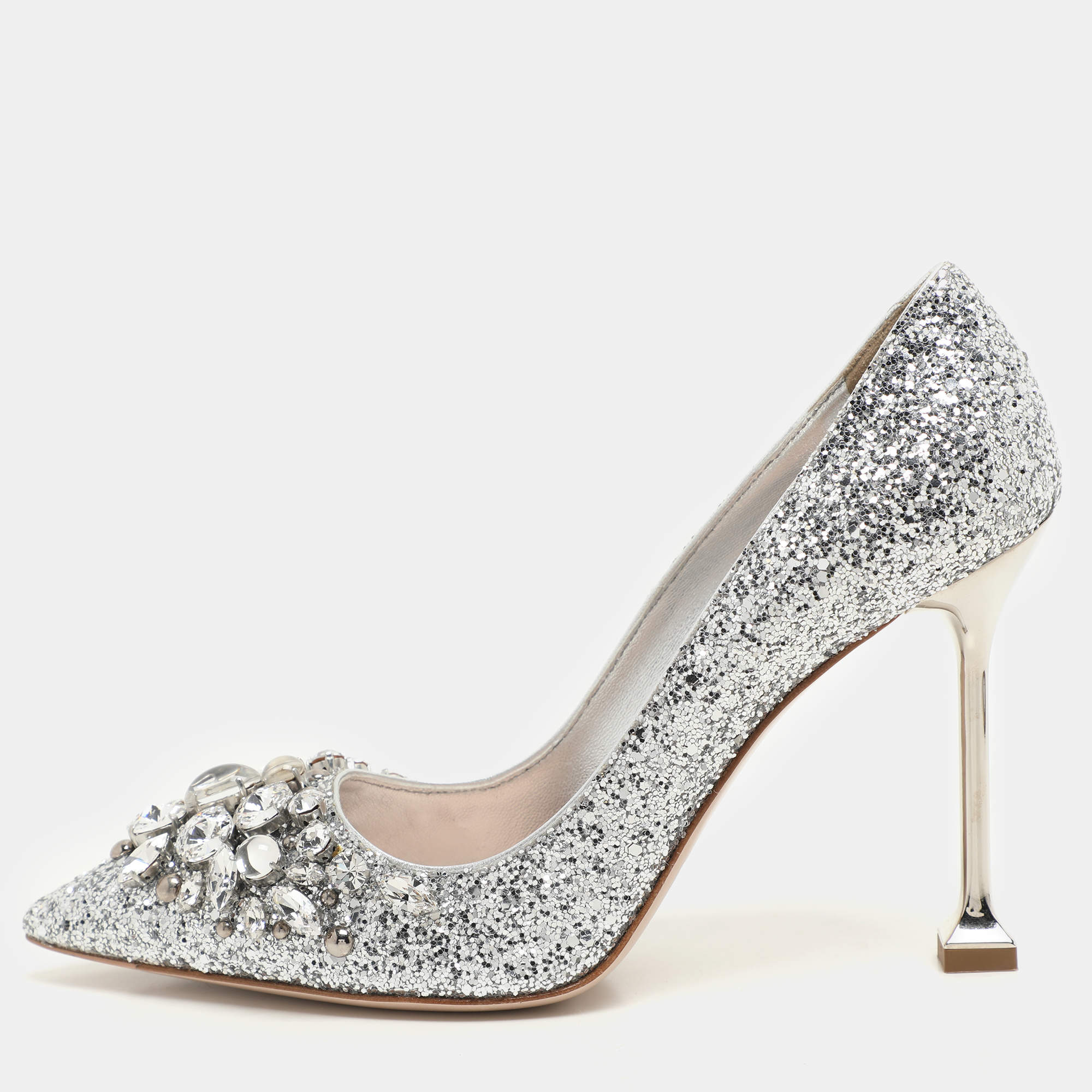 Pre Owned Miu Miu Silver Glitter Crystal Embellished Pointed Toe Pumps Size 35.5
