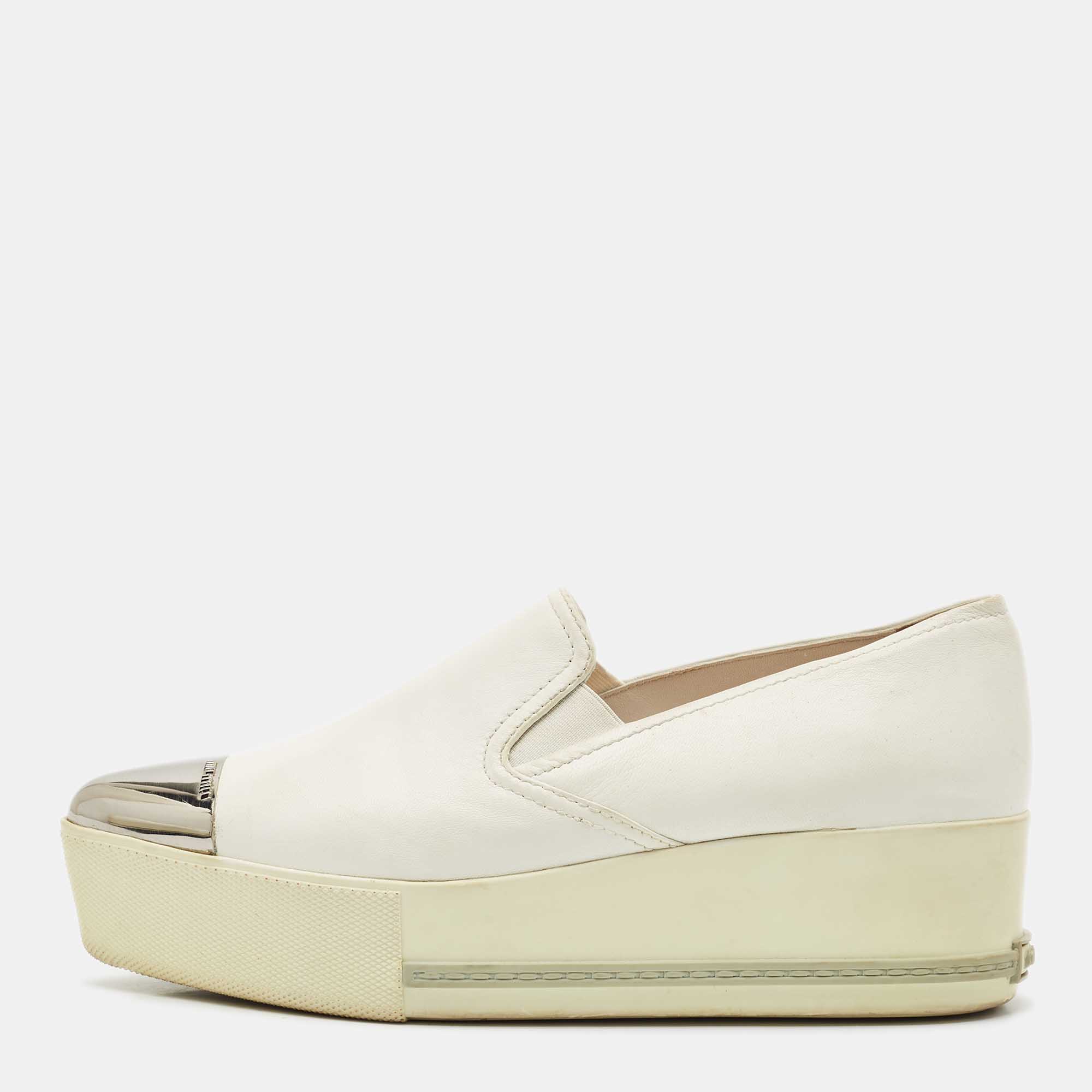 Pre Owned Miu Miu White Leather Metal Cap Toe Platform Slip On Sneakers Size 37