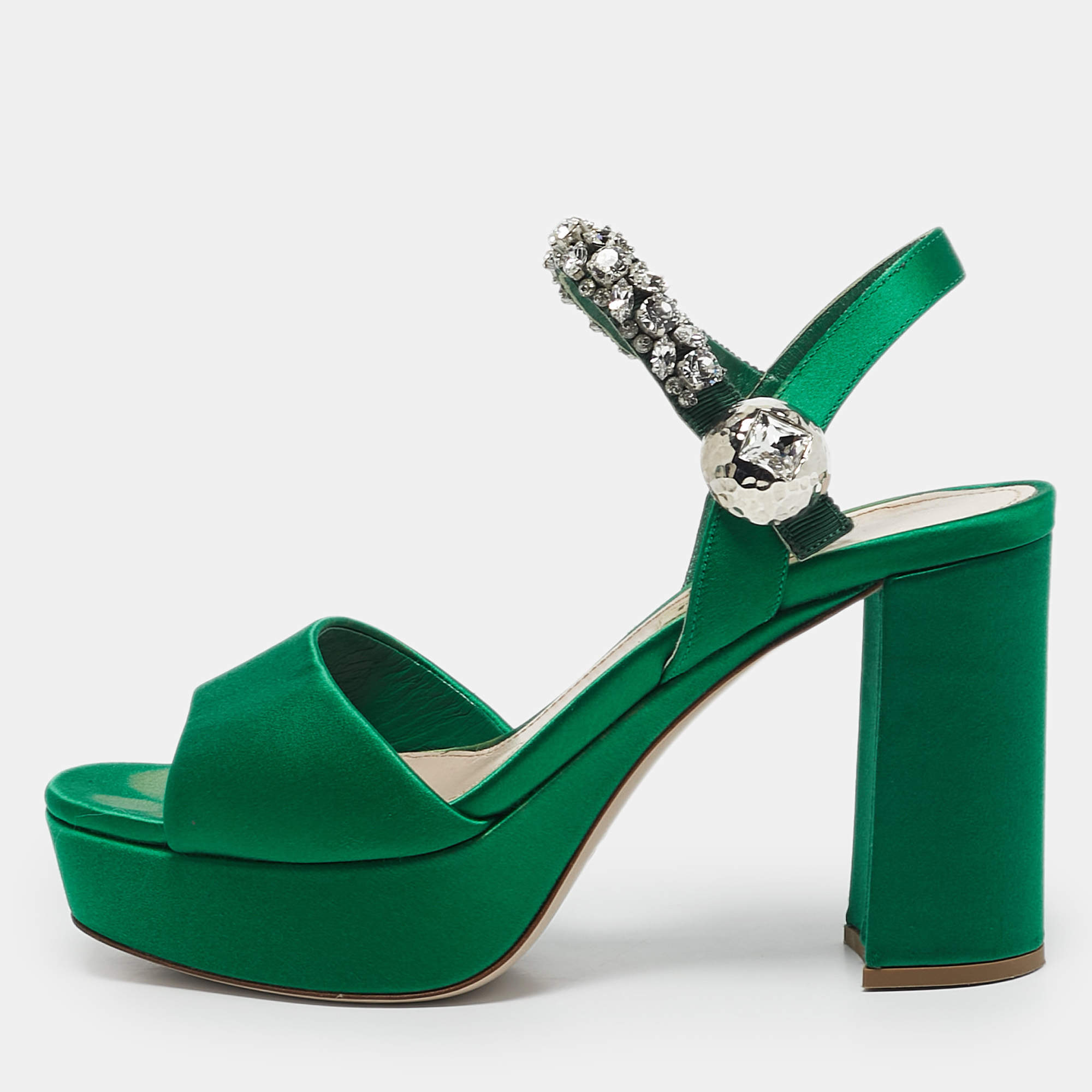 Miu Miu Green Satin Crystal Embellished Ankle Strap Block Heel Platform Sandals Size 38
