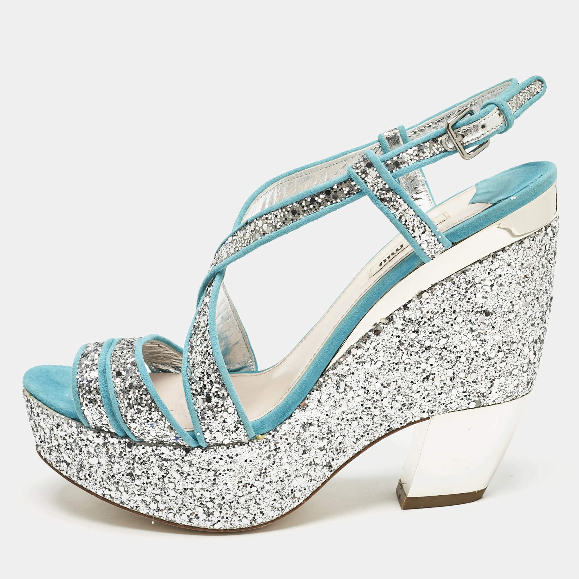 Miu Miu Blue/Silver Glitter and Suede Platform Sandals Size 41