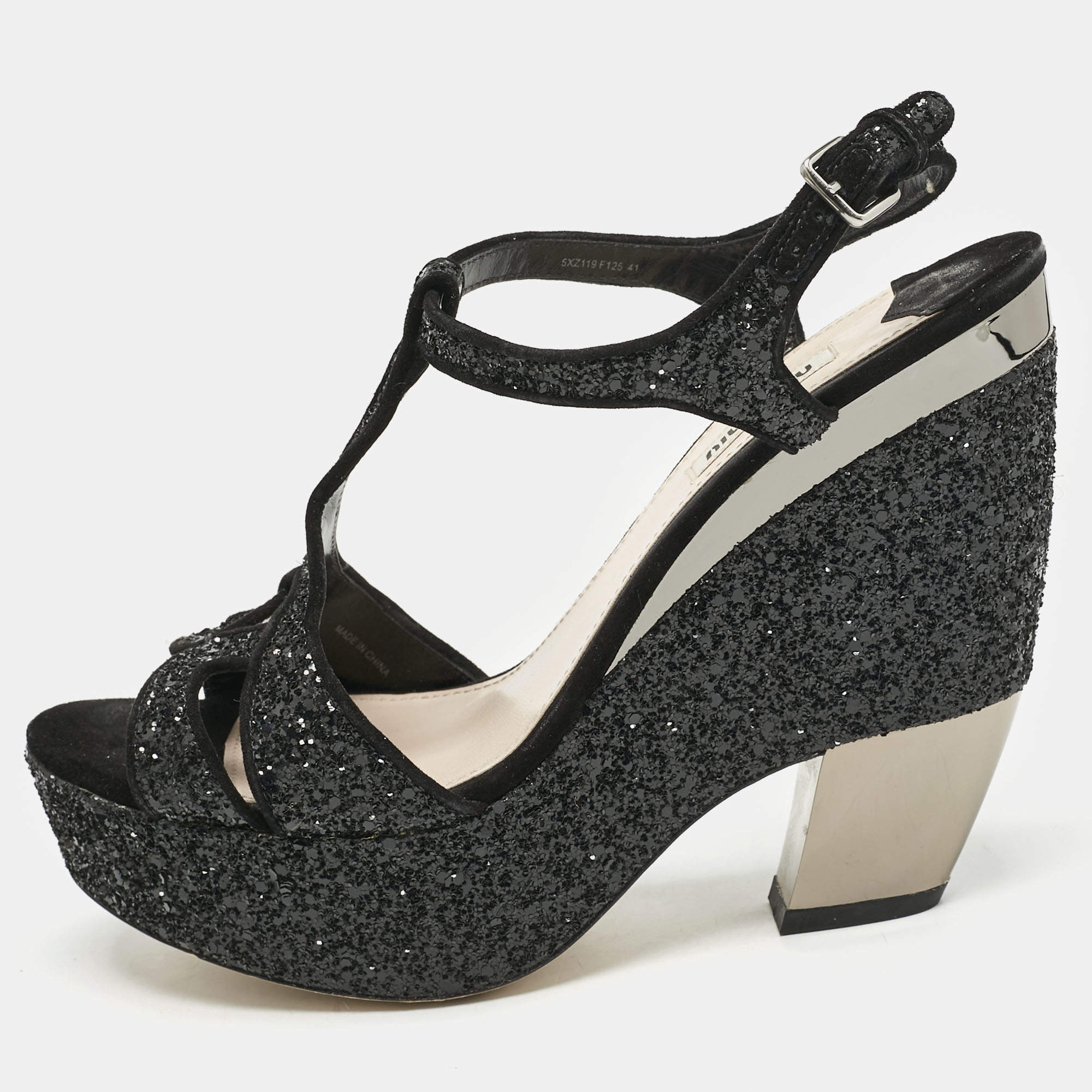 Miu Miu Black Glitter Wedge Slingback Sandals Size 41