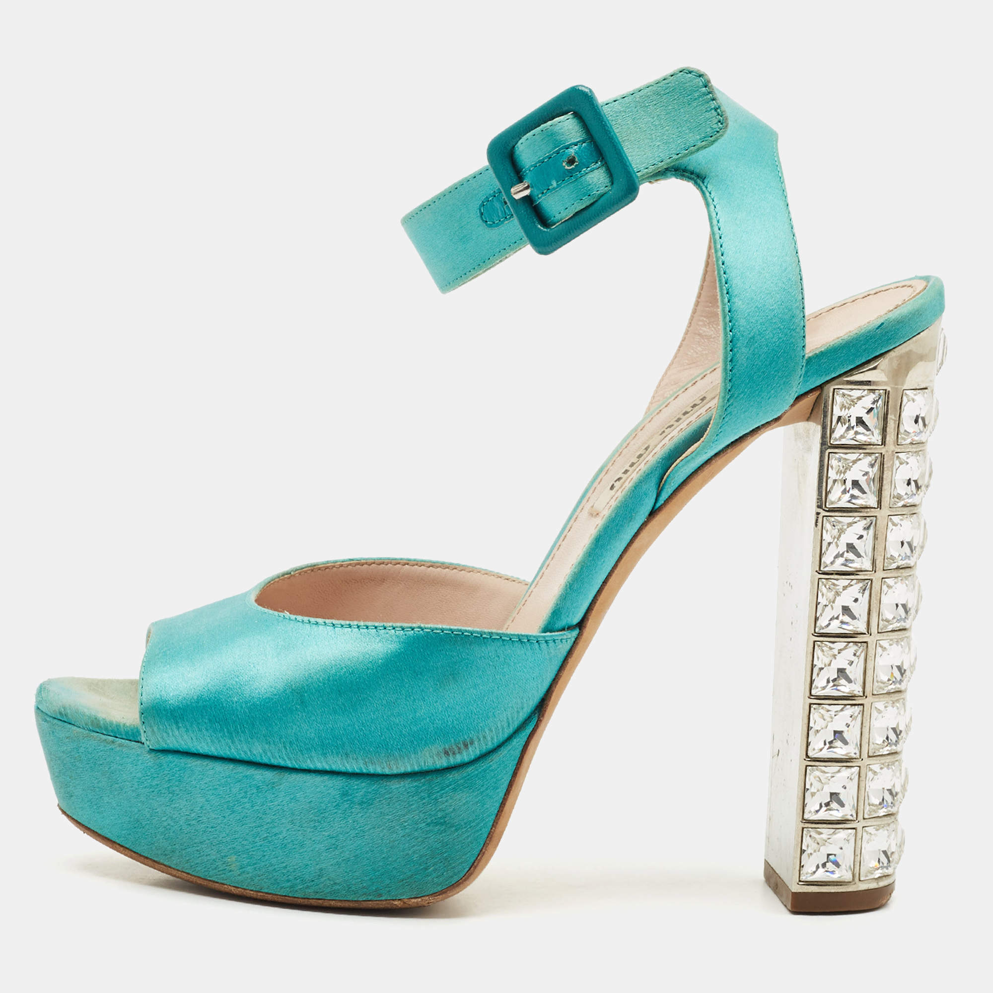 Miu Miu Green Satin Crystal Embellished Heel Ankle Strap Sandals Size 37