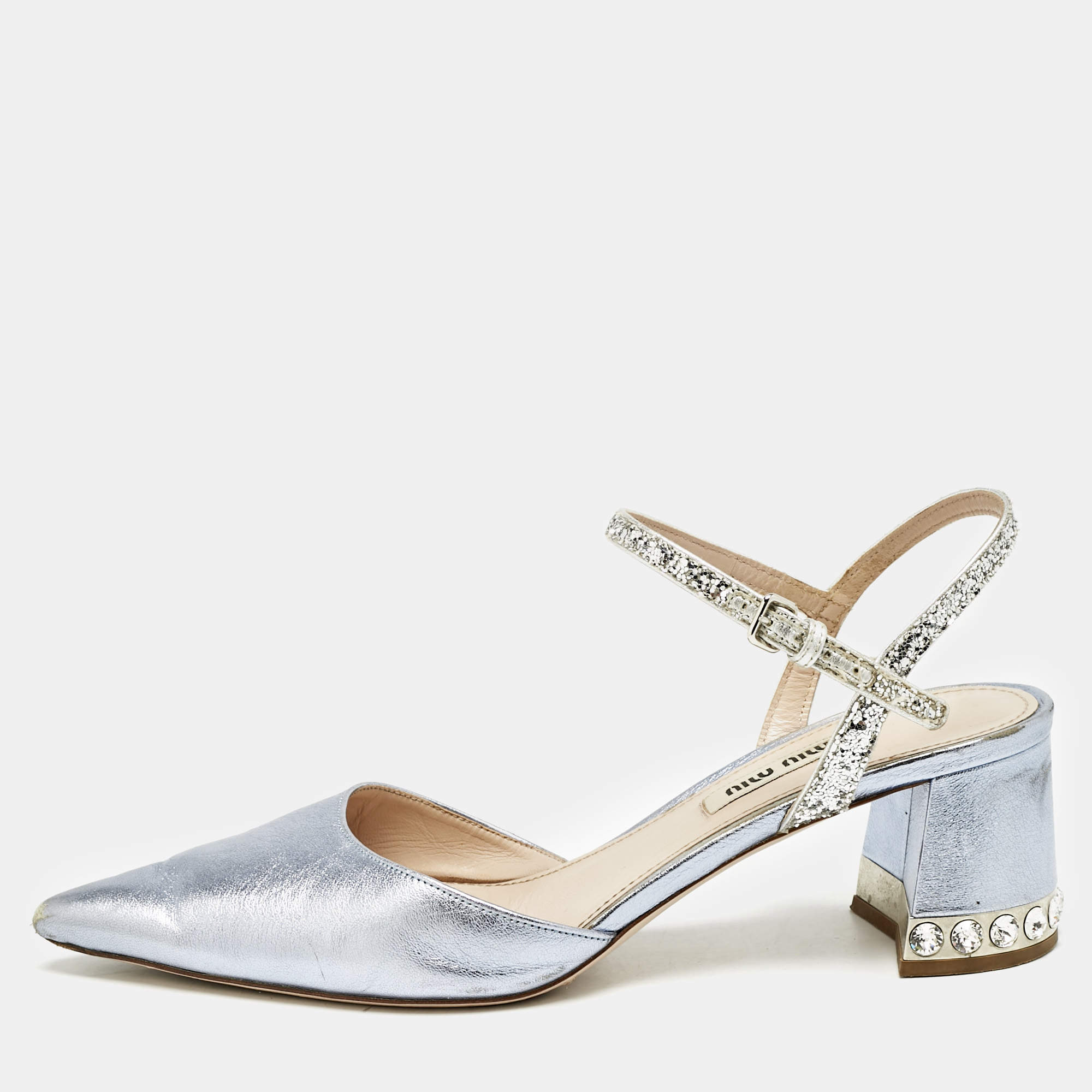 Miu Miu Metallic Blue Leather and Glitter Crystal Embellished Block Heel Pumps Size 38