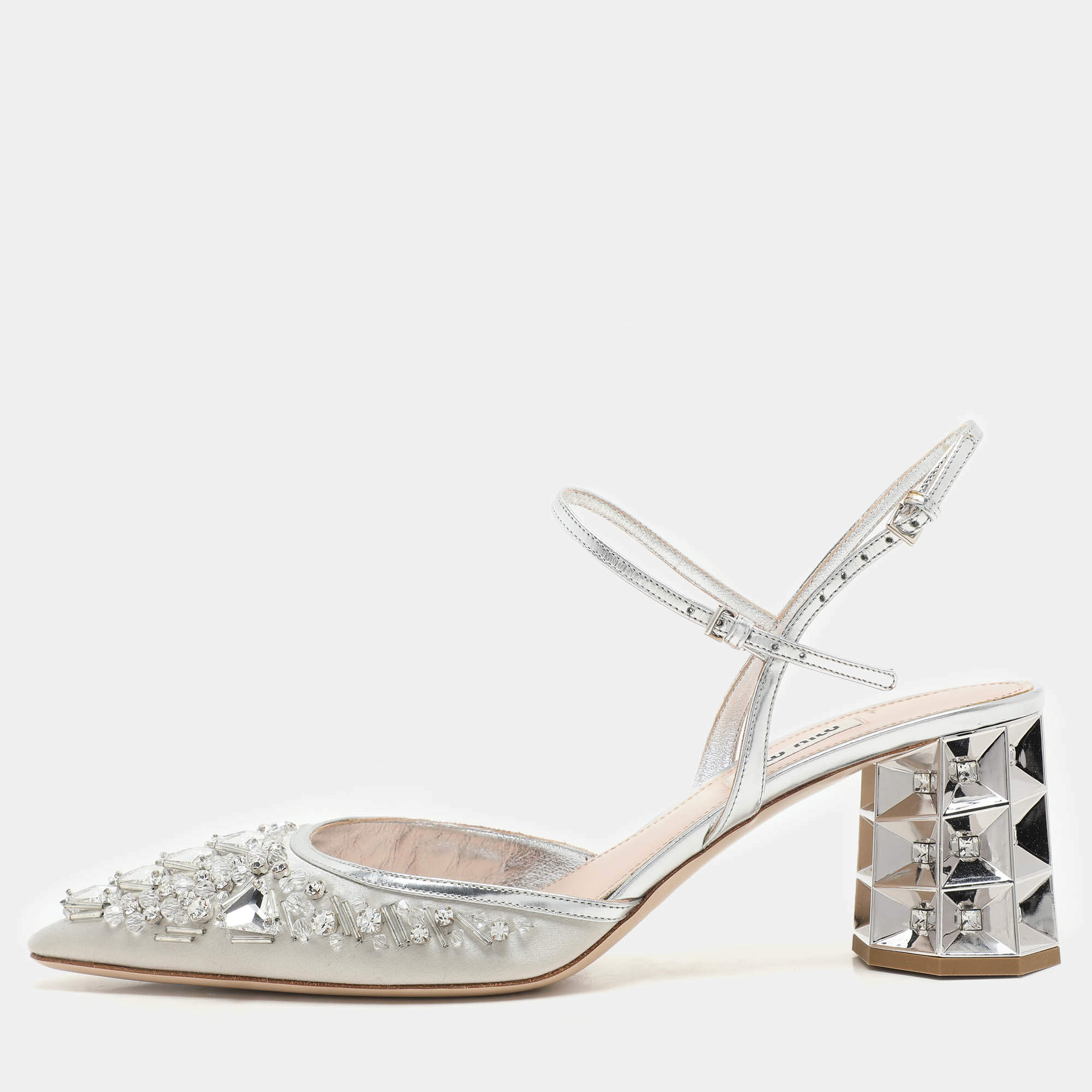 Miu Miu Silver/Grey Leather And Satin Crystal Embellished Block Heel Sandals Size 41