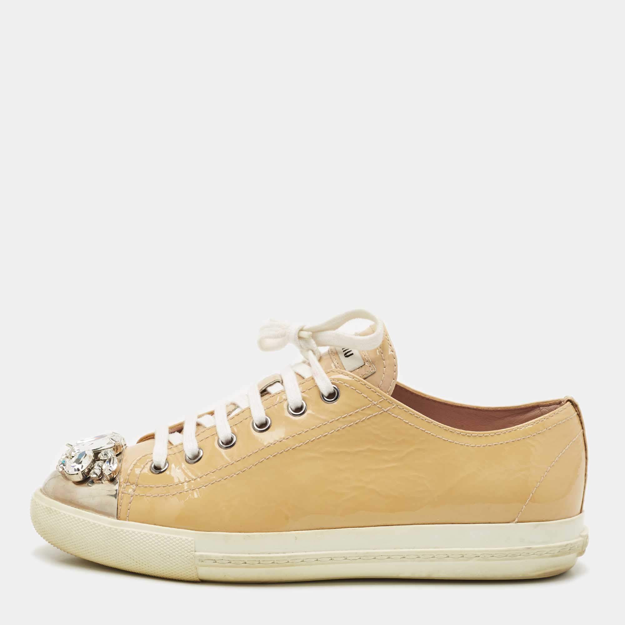 Miu Miu Beige Patent Leather Crystal Embellished Cap Toe Sneakers Size 39.5