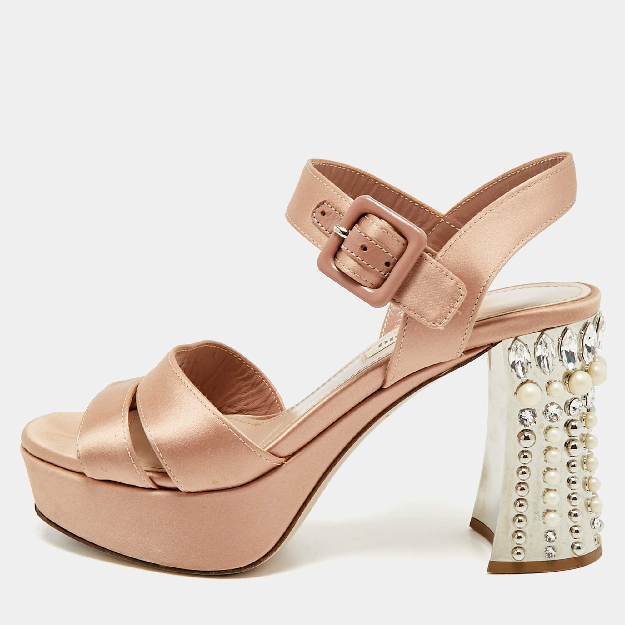 Pre Owned Miu Miu Pink Satin Crystal Embellished Heel Platform Sandals Size 35