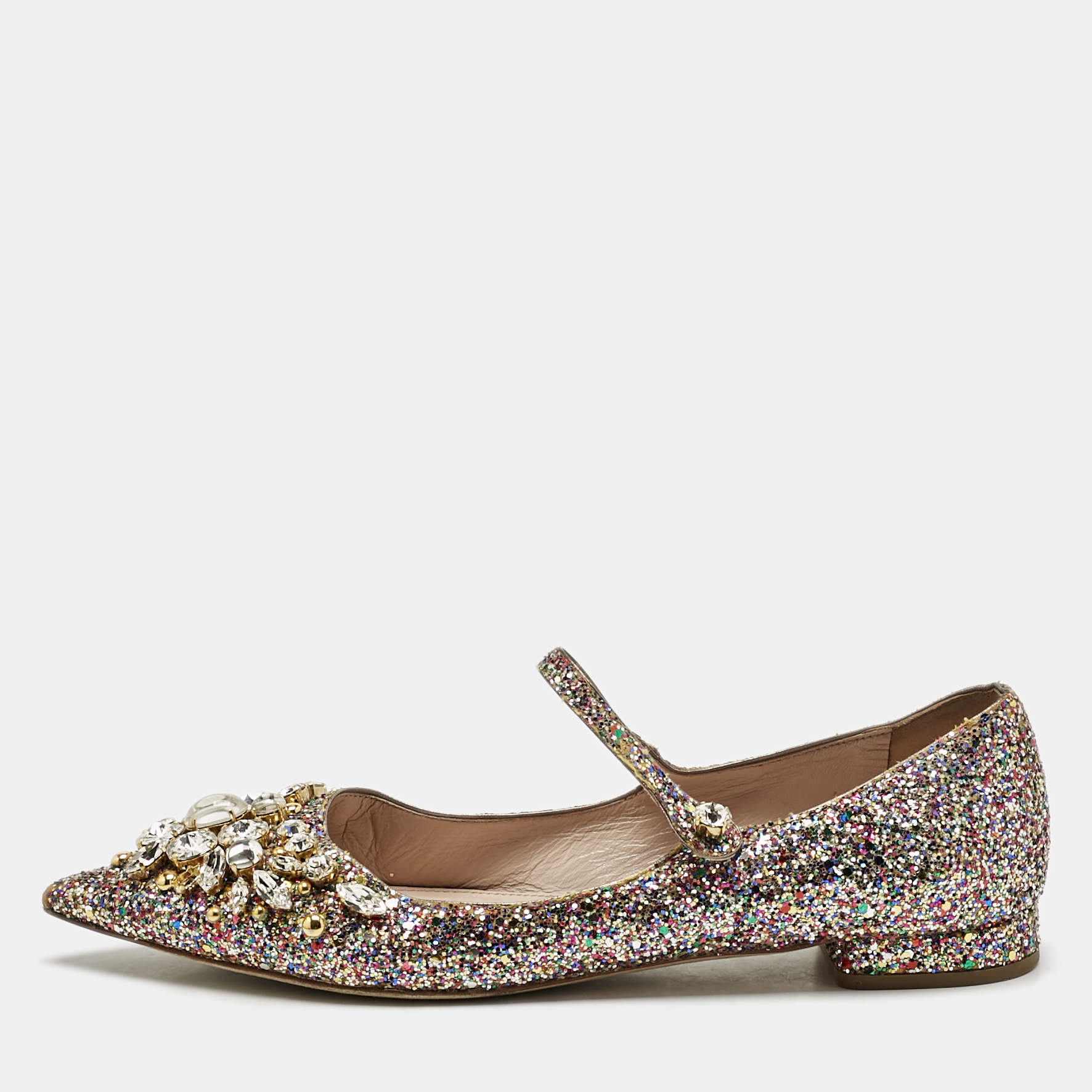 Miu Miu Multicolor Glitter Mary Jane Crystals Ballet Flats Size 37.5
