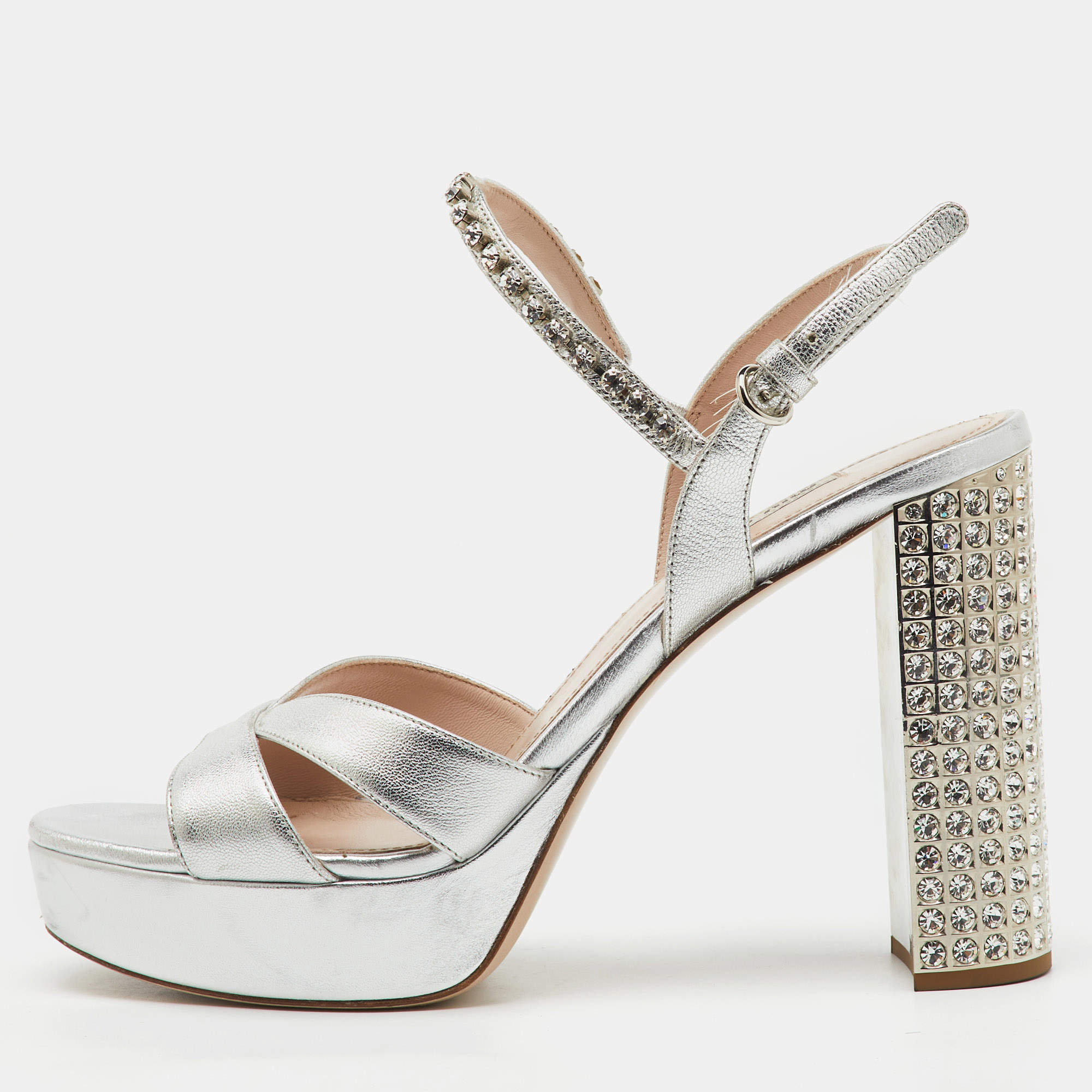 Miu Miu Silver Leather Crystal Embellished Ankle Strap Platform Sandals Size 40