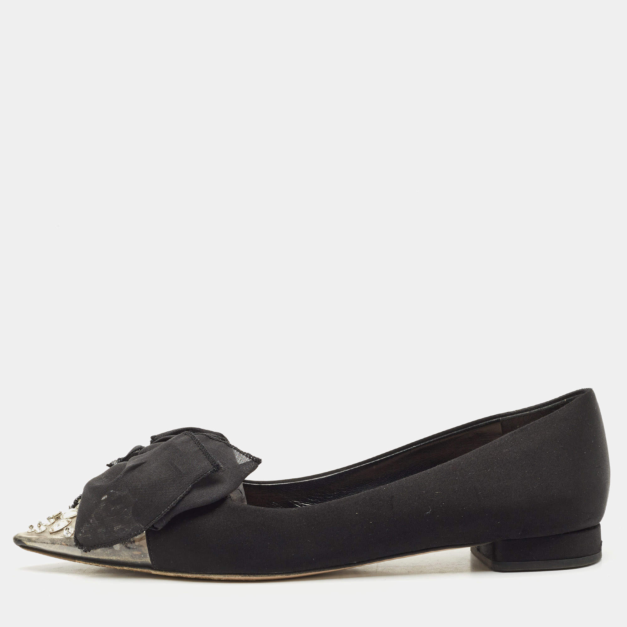 Miu Miu Black Satin Crystal Embellished Bow Buckle Ballet Flats Size 40