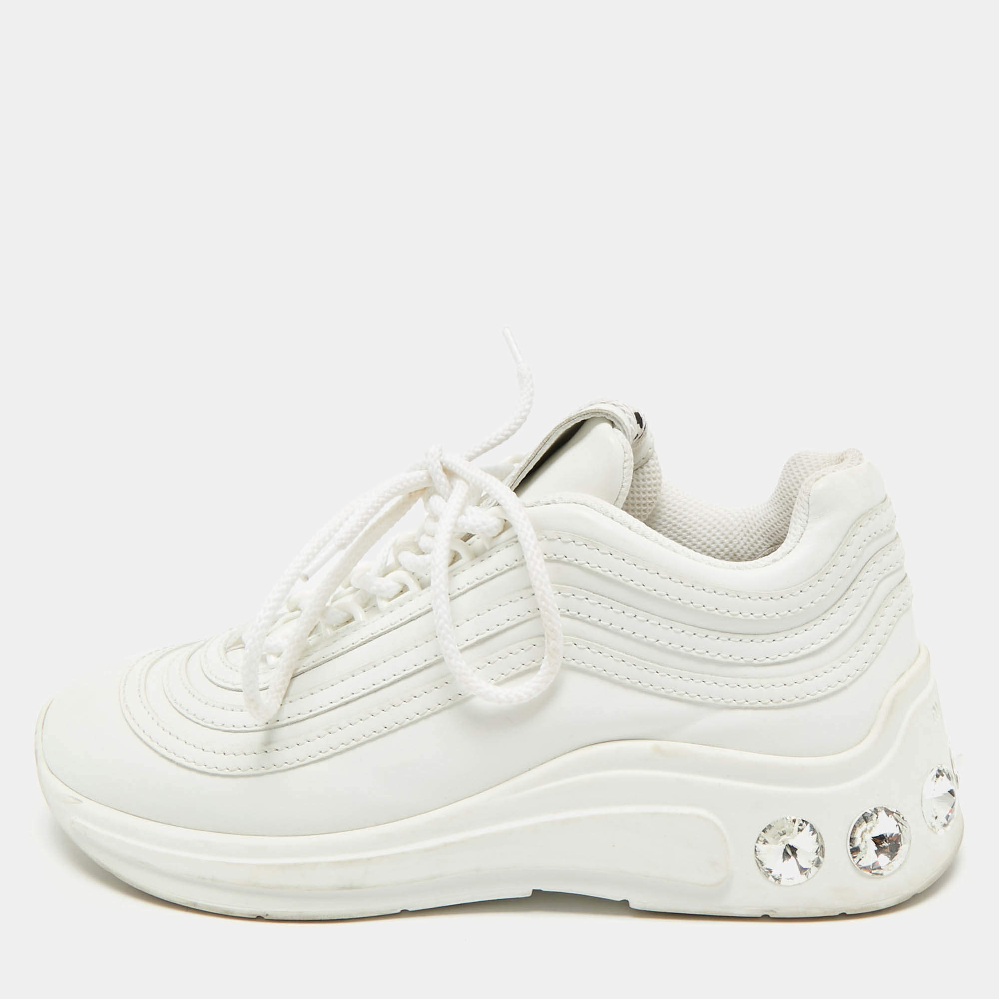 Miu Miu White Leather Crystal Embellished Low Top Sneakers Size 36