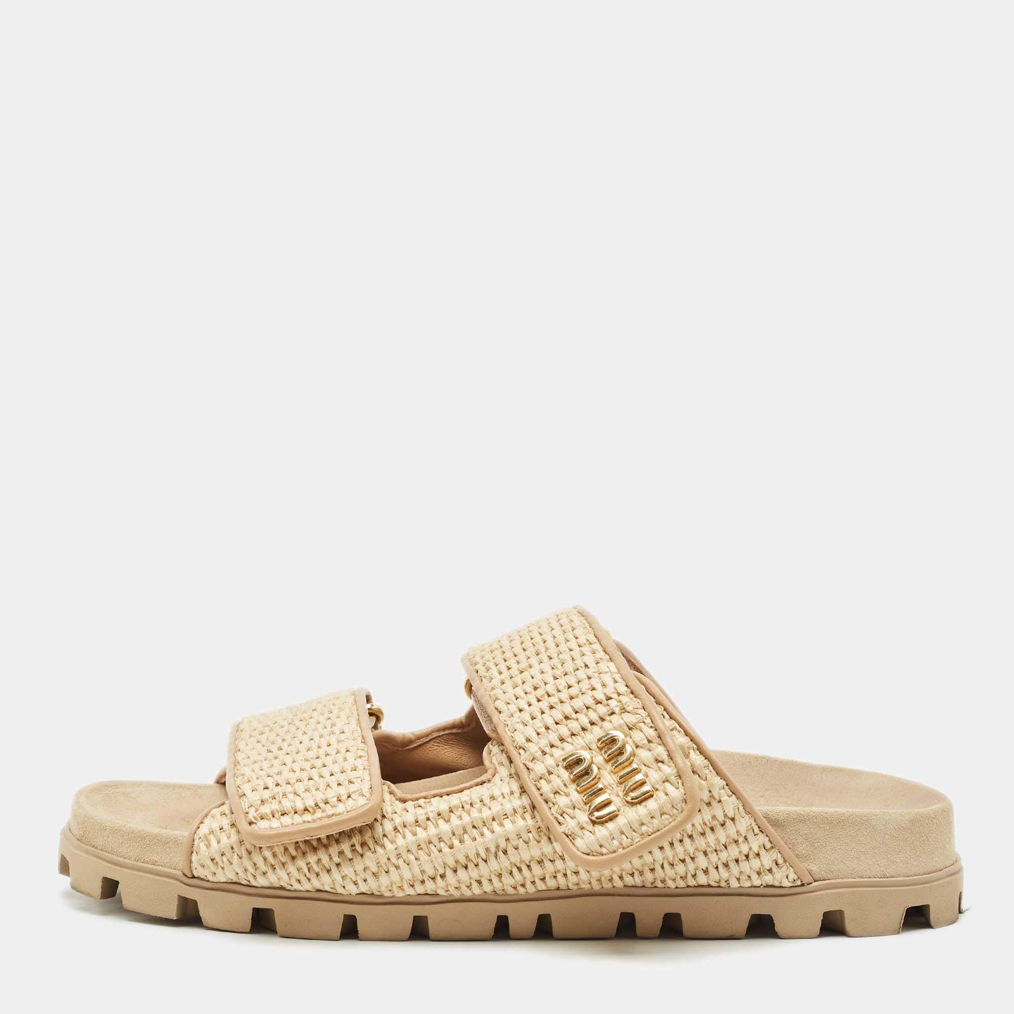 Miu Miu Beige Woven Raffia Effect Flat Slide Sandals Size 37