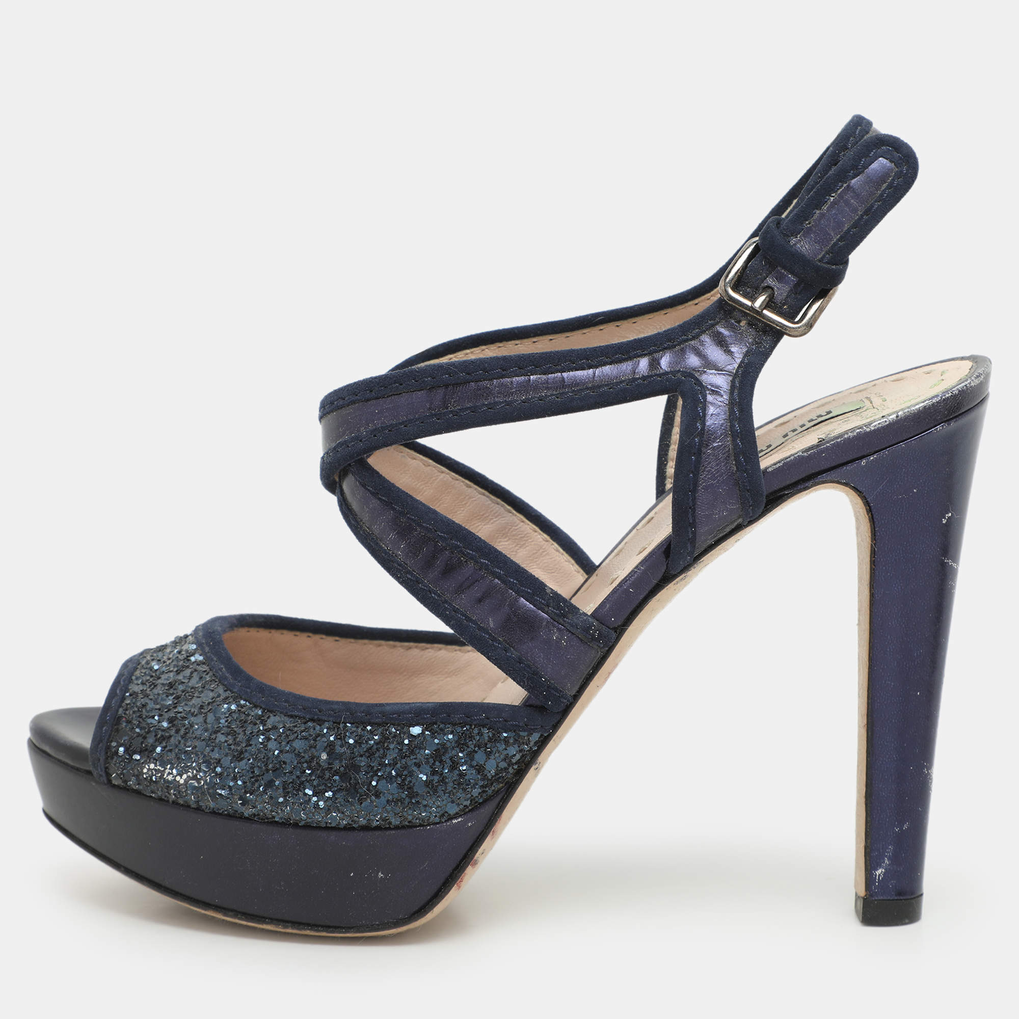 Pre Owned Miu Miu Blue Glitter and Velvet Ankle Strap Sandals Size 38.5