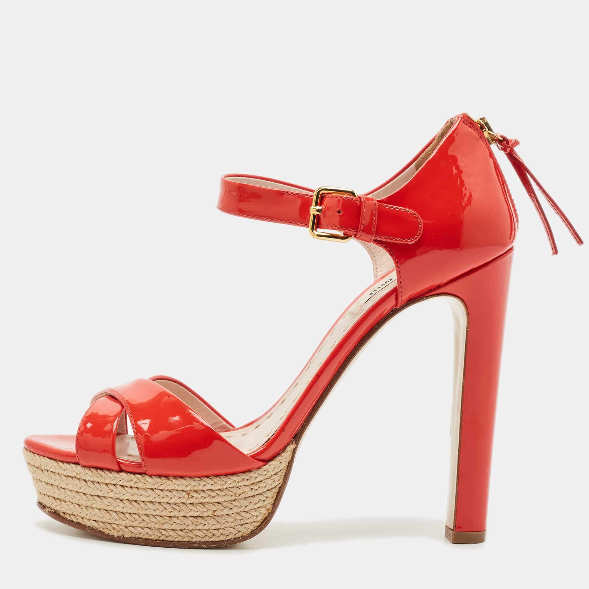 Pre Owned Miu Miu Red Patent Leather Platform Cross  Strap Sandals Size 37