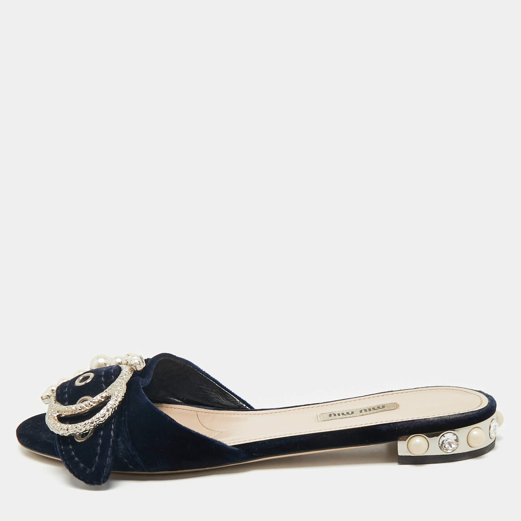 Miu Miu Navy Blue Velvet Embellished Flat Slides Size 39.5