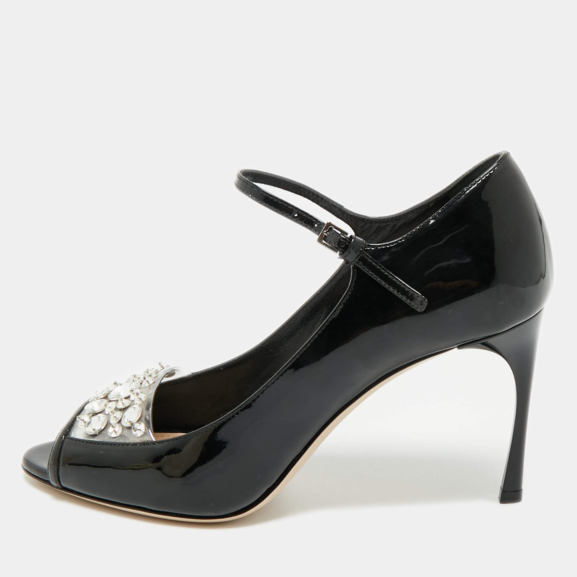 Miu Miu Black Patent Leather Crystal Embellished  Peep Toe Pumps Size 37.5