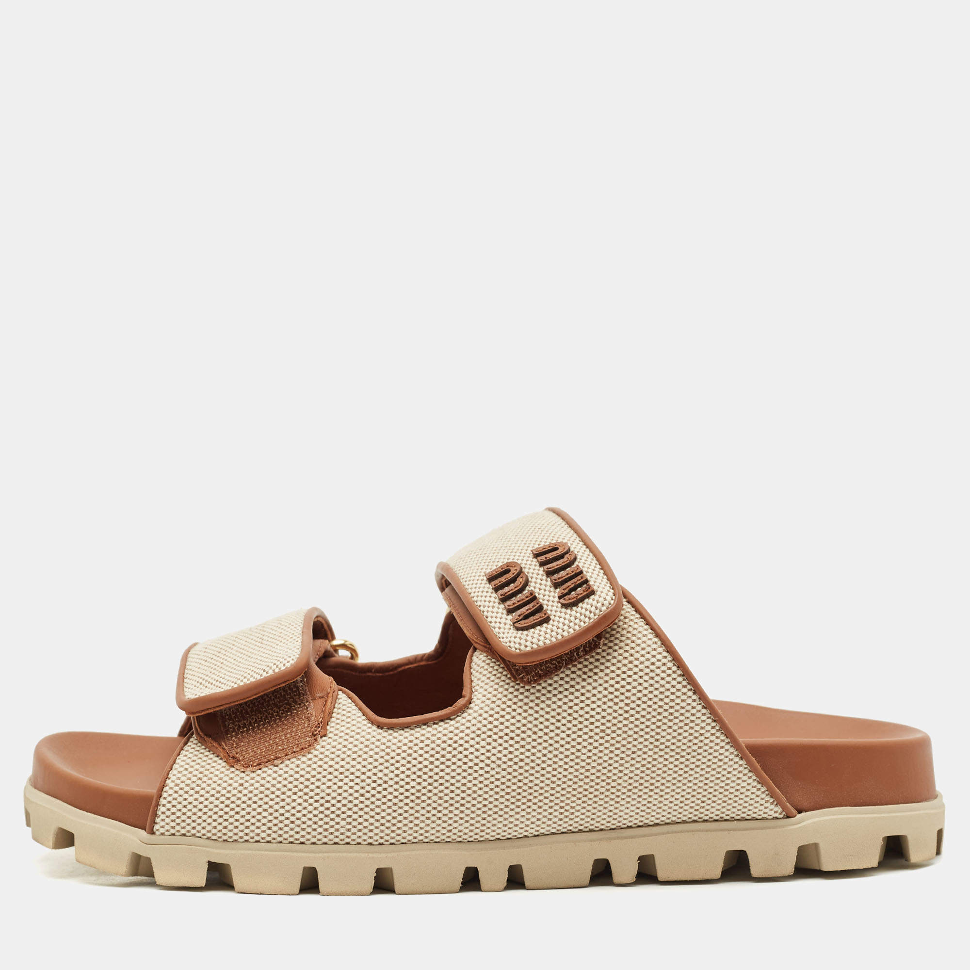 Miu Miu Beige/Brown Canvas and Leather Neutral Mules Size 36.5