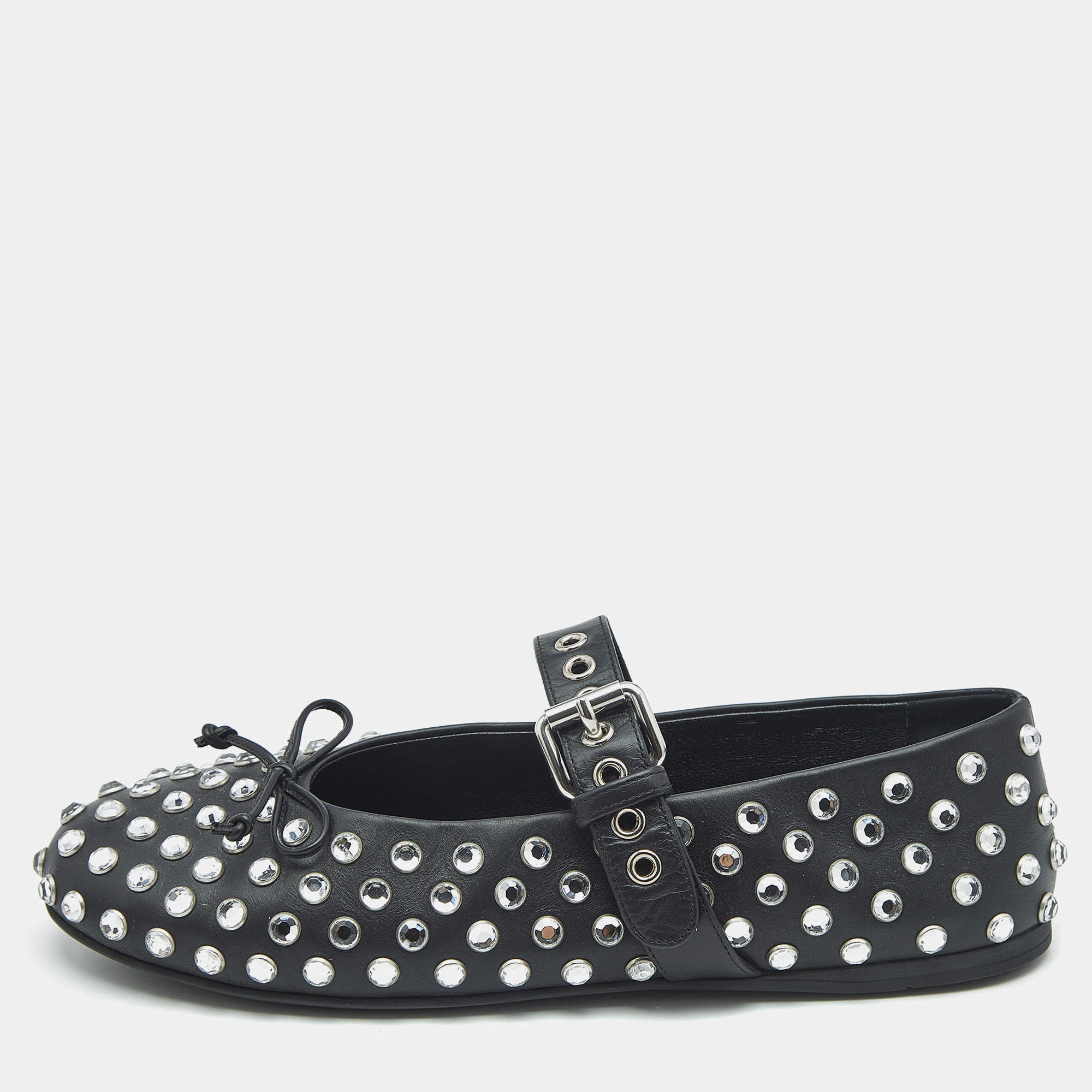 Miu Miu Black Leather Crystal Embellished Ballet Flats Size 37.5