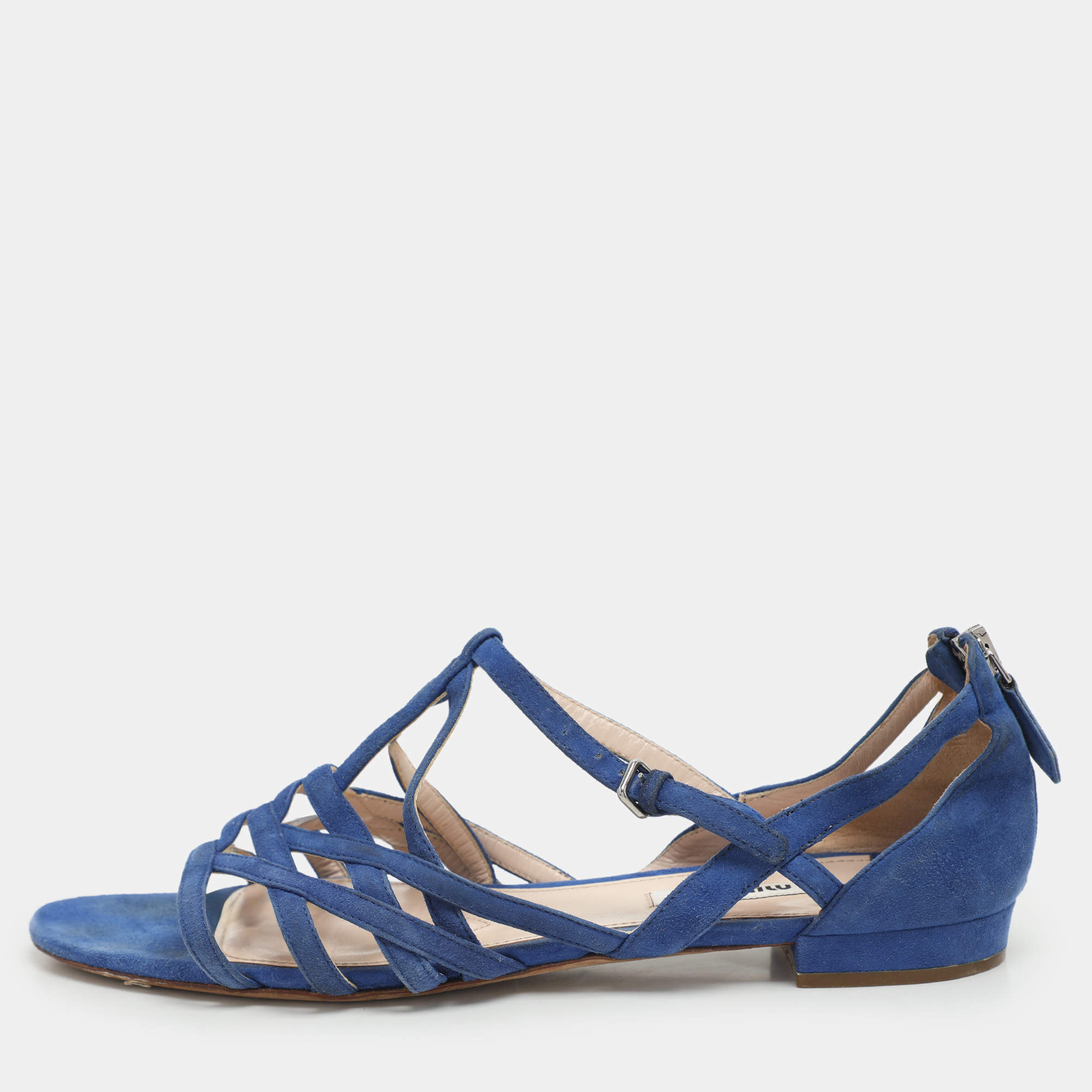 Pre Owned Miu Miu Blue Suede Buckle Detail Strappy Flat Sandals Size 38