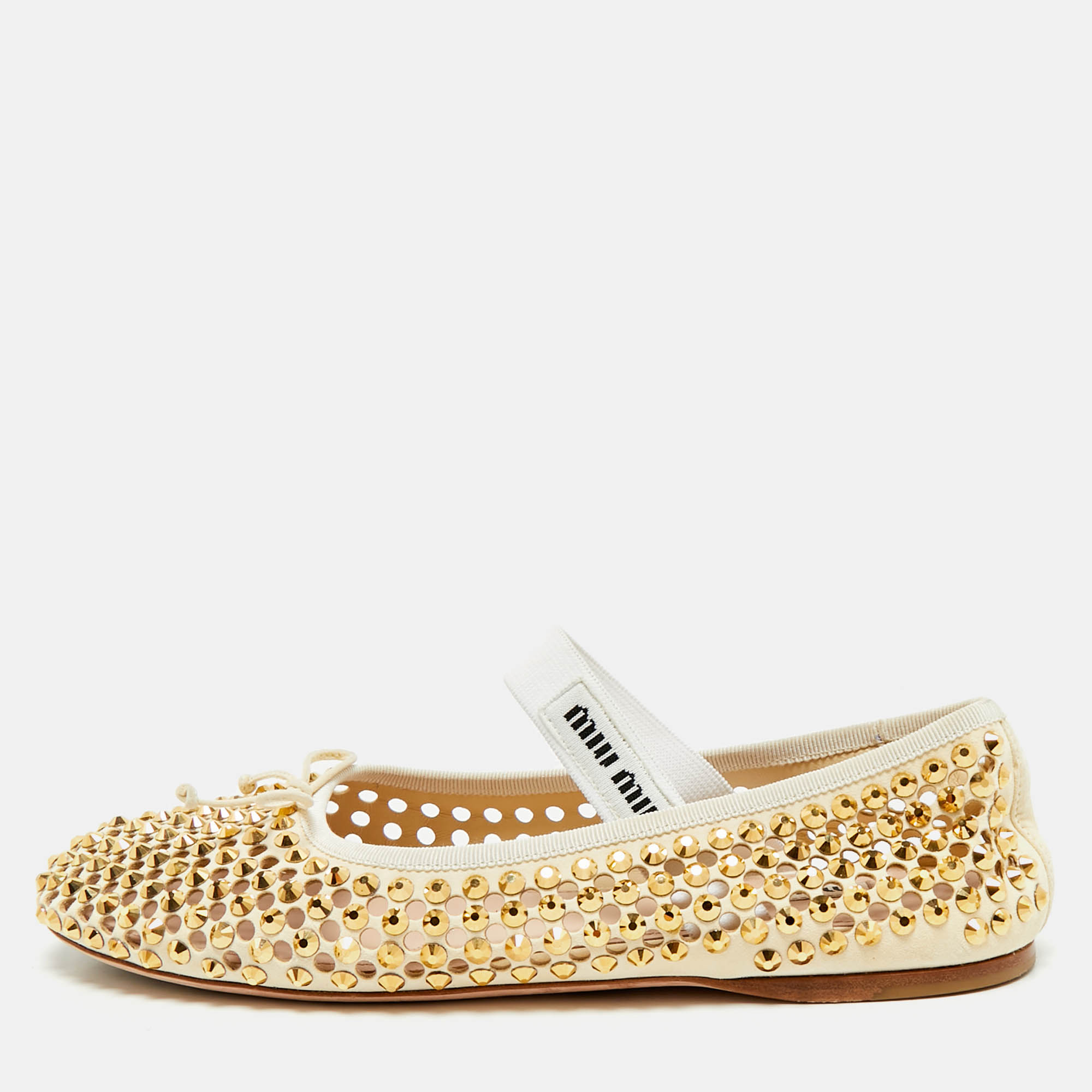 Pre Owned Miu Miu Cream Suede Stud Embellished Ballet Flats Size 39.5