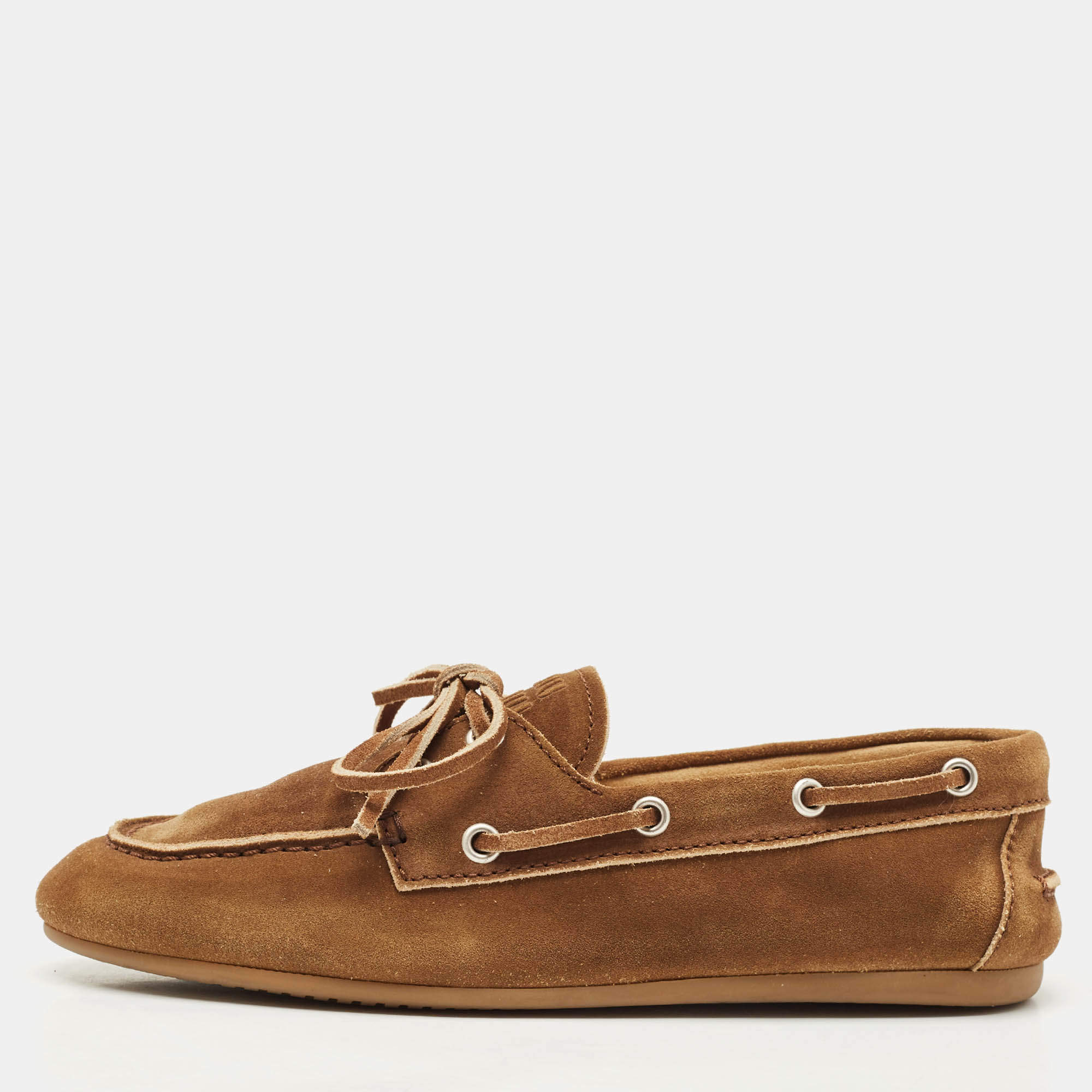 Pre Owned Miu Miu Brown Suede Logo Embossed Bow Loafers Size 36.5