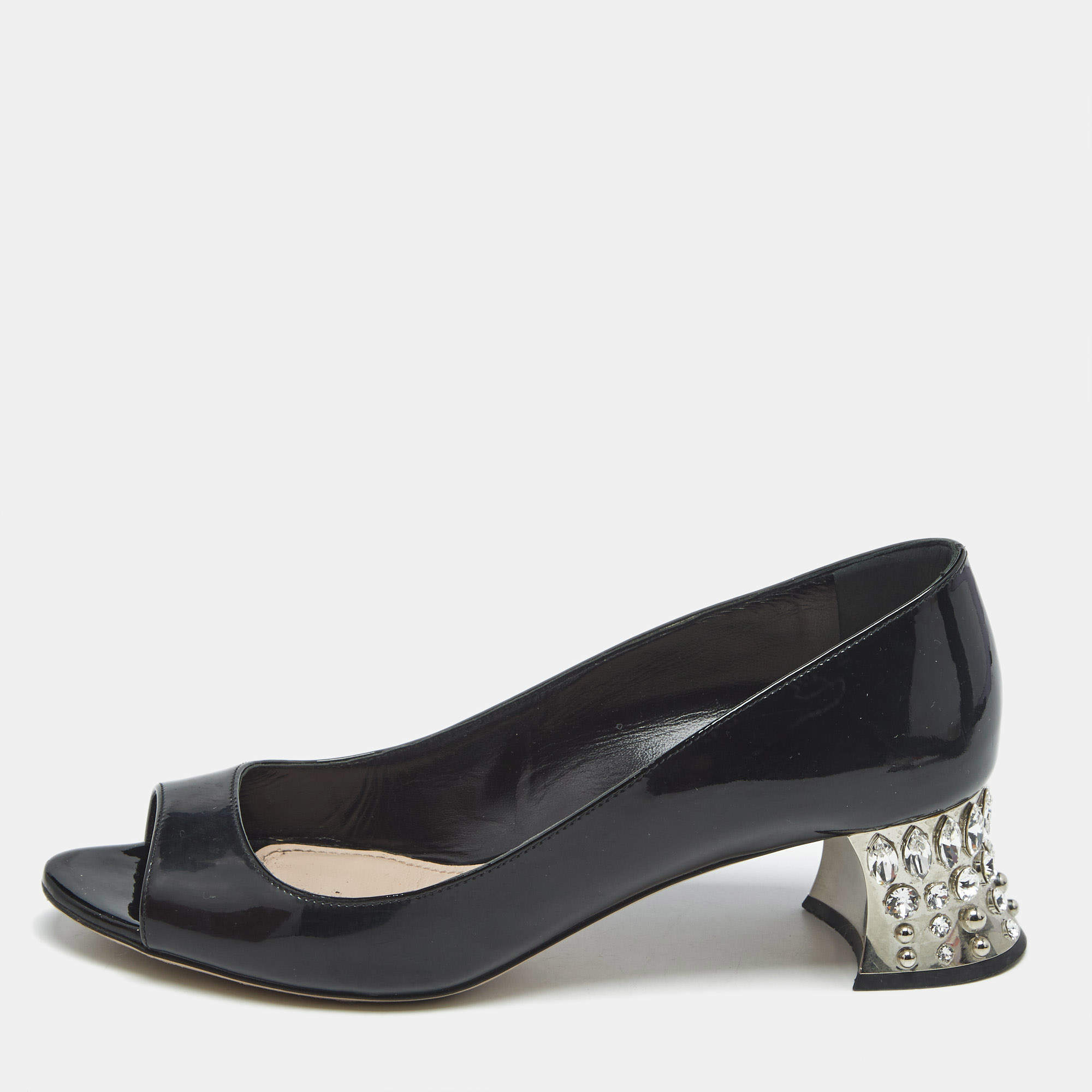 Pre Owned Miu Miu Black Patent Leather Crystal Embellished Peep Toe Pumps Size 36.5