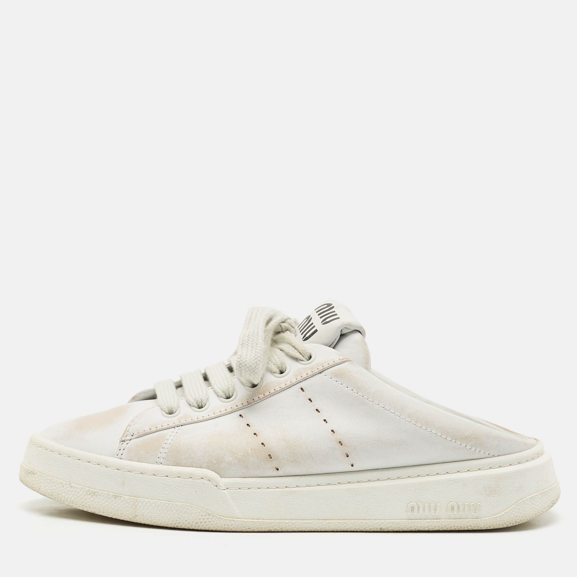 Pre Owned Miu Miu White Leather Lace Up Sneaker Mules Size 39