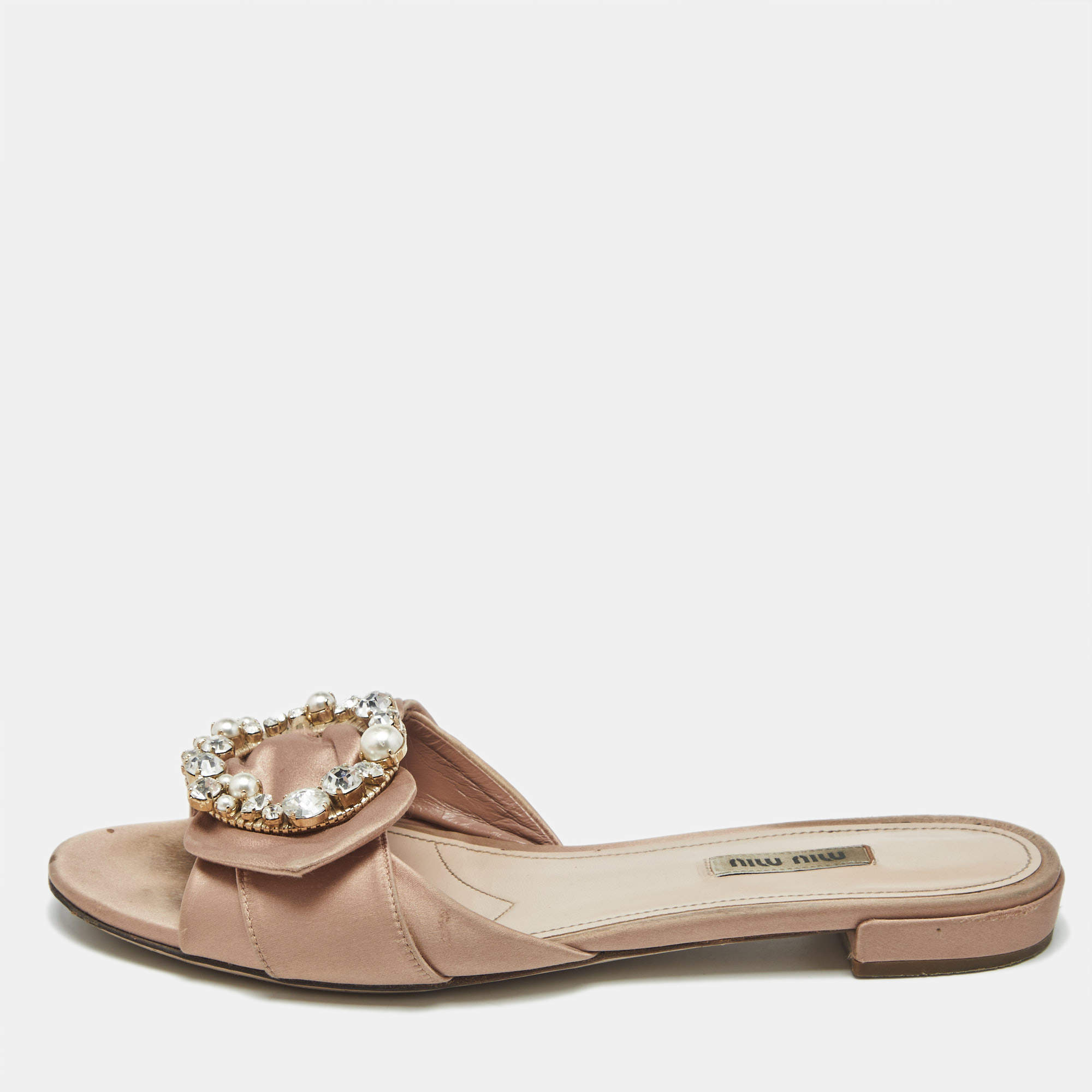 Pre Owned Miu Miu Beige Satin Knot Crystal Embellished Flat Slide Sandals Size 40