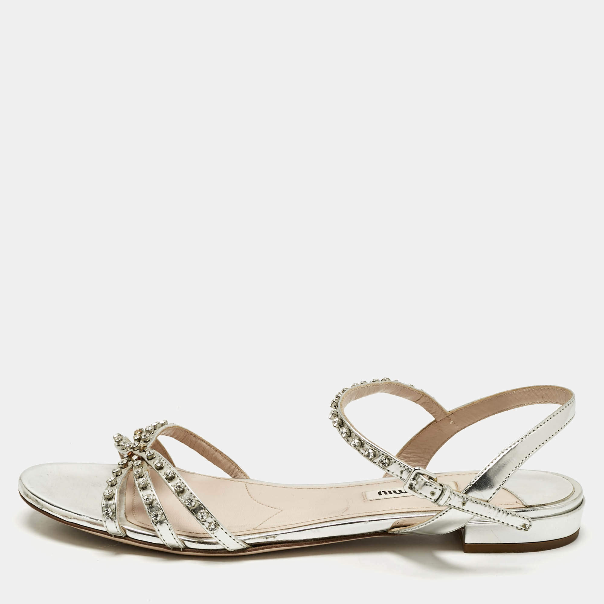 Pre Owned Miu Miu Silver Patent Leather Crystals Embellished Flat Sandals Size 38.5