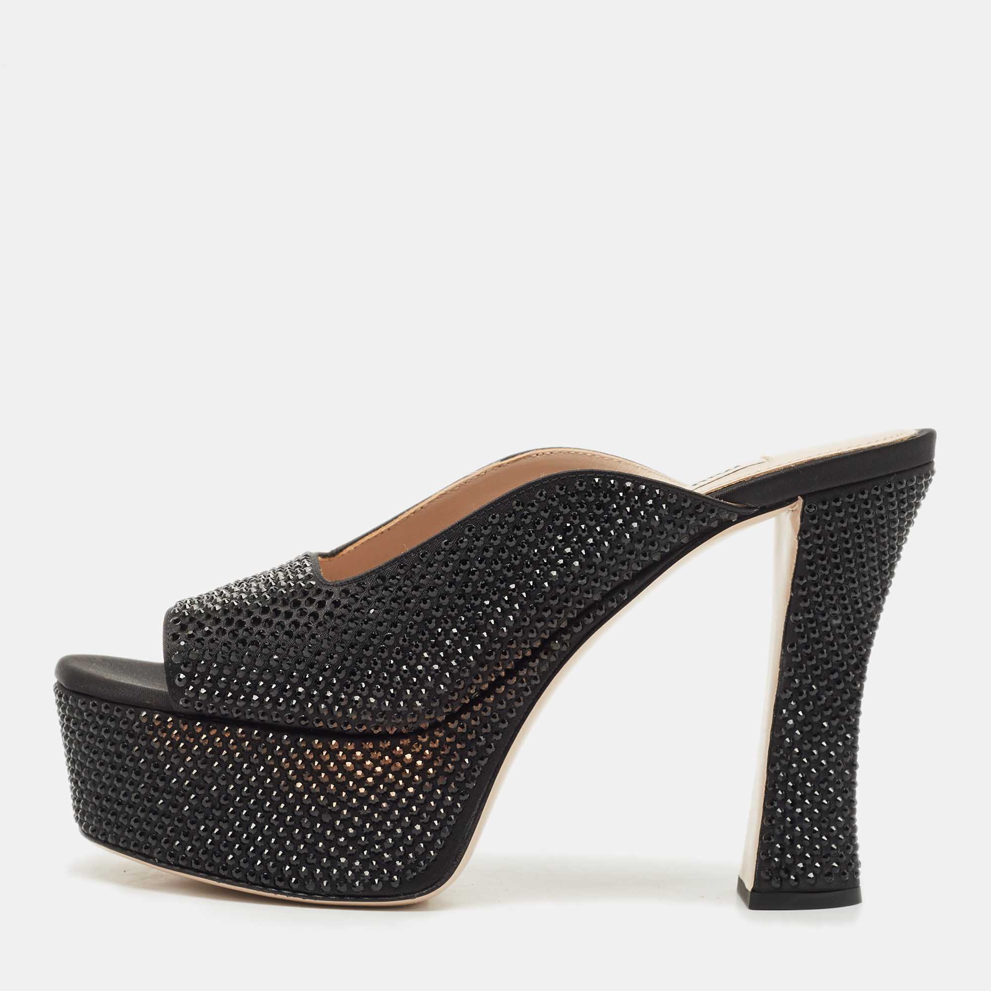 Pre Owned Miu Miu Black Satin Crystals Platform Sandals Size 38