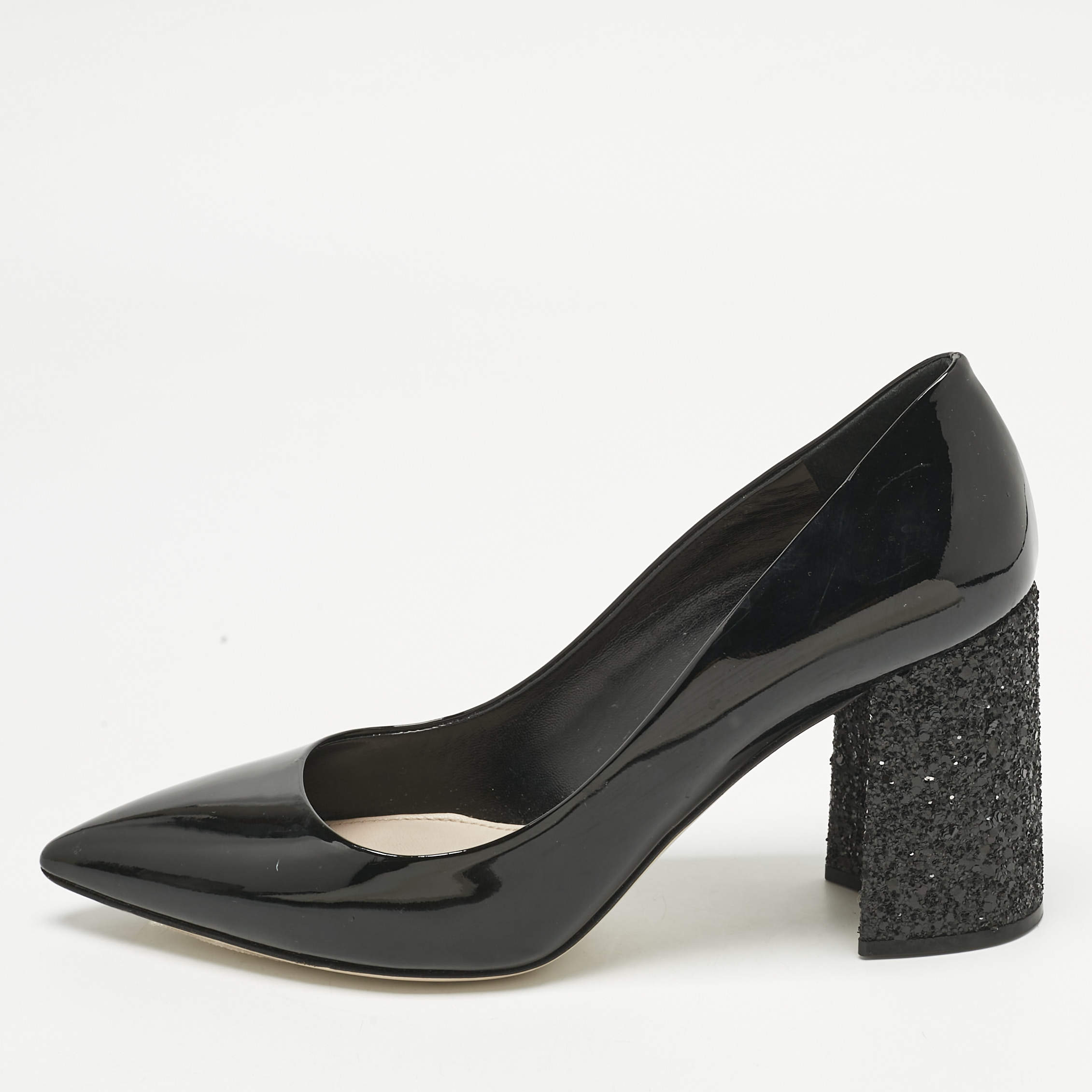 Pre Owned Miu Miu Black Patent Leather Glitter Heel Pointed Toe Pumps Size 39